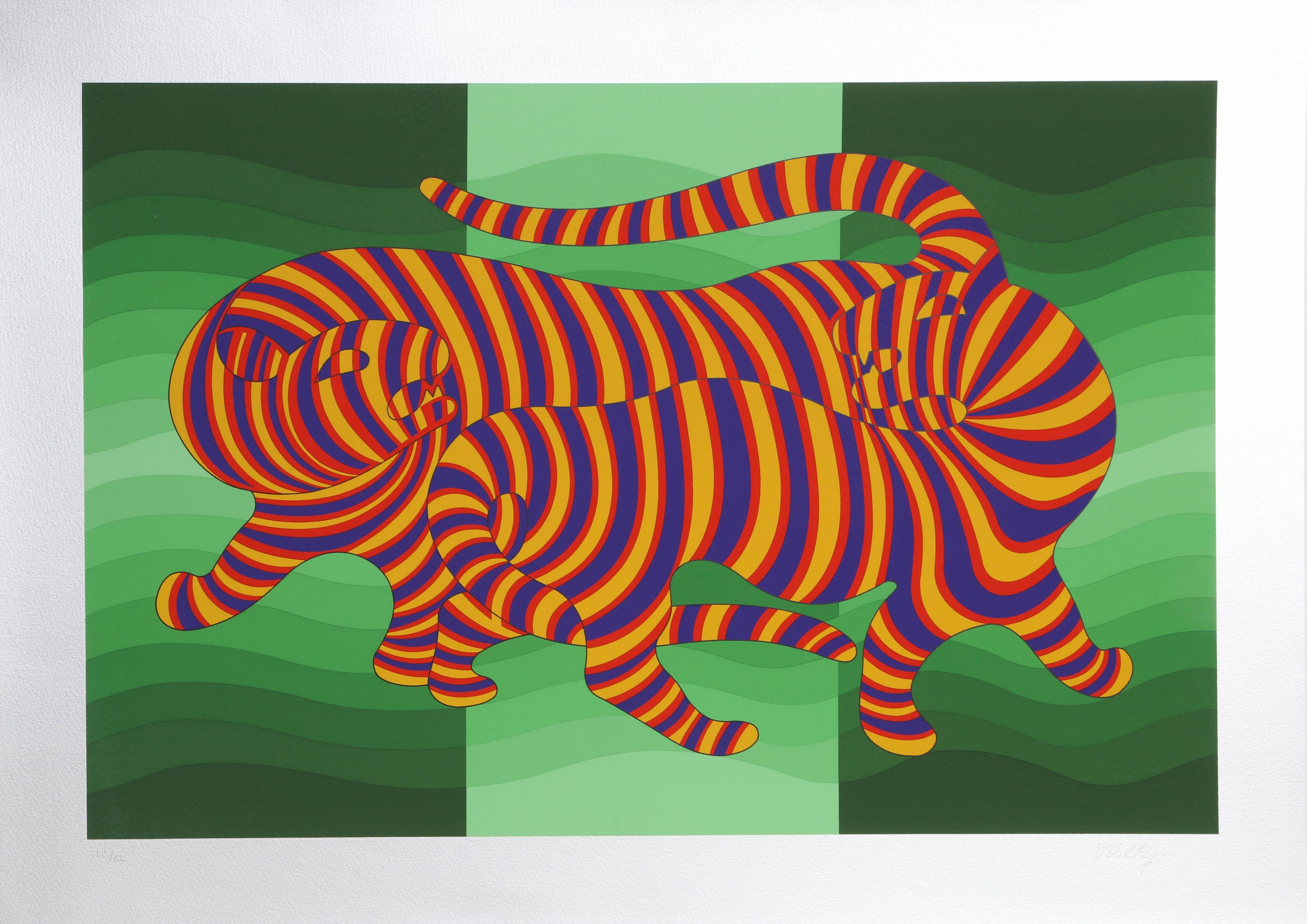 Victor Vasarely Animal Print - Two Tigers on Green