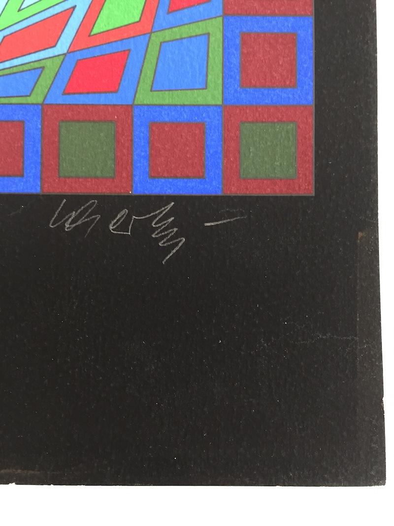 TECHNICAL INFORMATION

Victor Vasarely
Untitled #4 (black w/ green square in center)	
c.1980	
Screenprint	
12 3/4 x 9 3/4 in. 	
Edition of 50 F.V.	
Pencil signed & numbered


Accompanied with COA by Gregg Shienbaum Fine Art 

Condition: This work is
