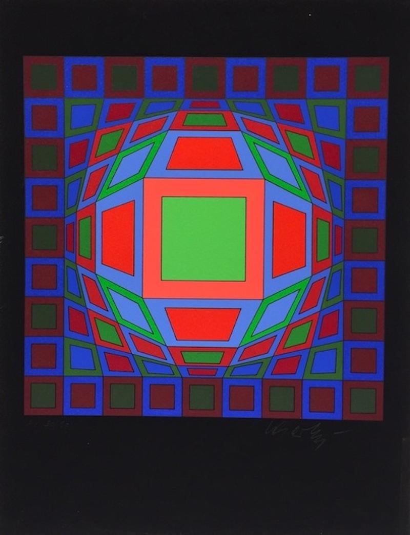 Untitled #4 (black w/ green square in center) - Print by Victor Vasarely