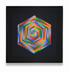 Retro Victor Vasarely Screen Print Abstract, Geometric Squares Cubes Hexagon