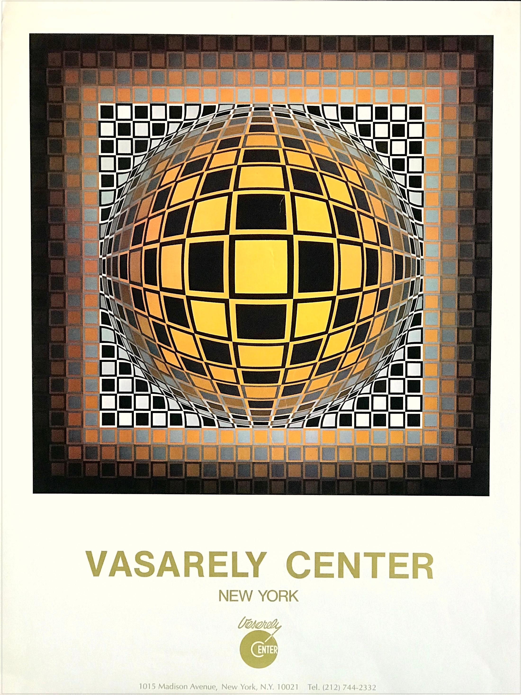 VASARELY CENTER NY 1978 Vintage Op-Art Poster, Geometric Abstract, Gold Black