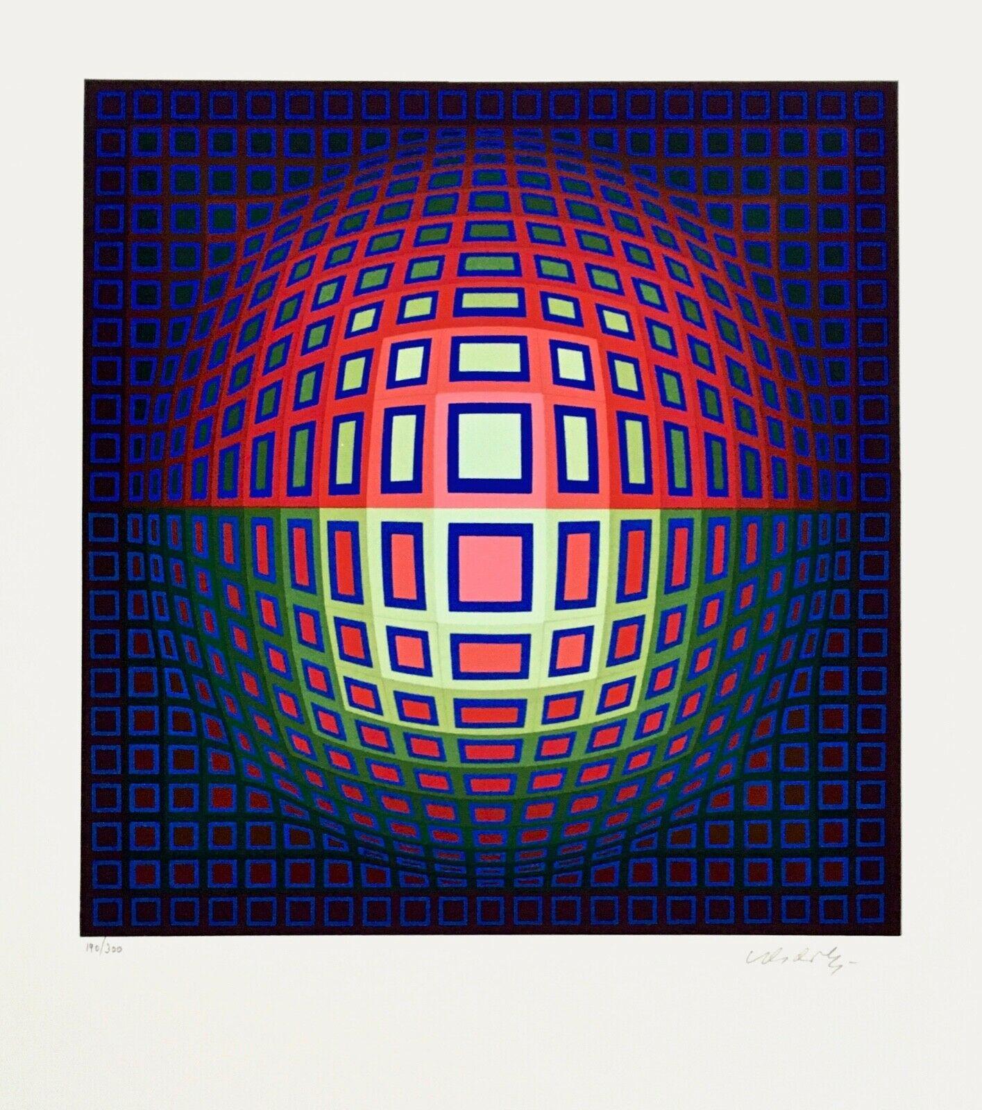 Artist: Victor Vasarely (1908-1997)
Title: Vega Blue
Year: Circa 1982
Medium: Silkscreen on Arches paper
Edition: 190/300, plus proofs
Size: 30 x 22 inches
Condition: Good
Inscription: Signed and numbered by the artist.
Notes:  Published by Atelier
