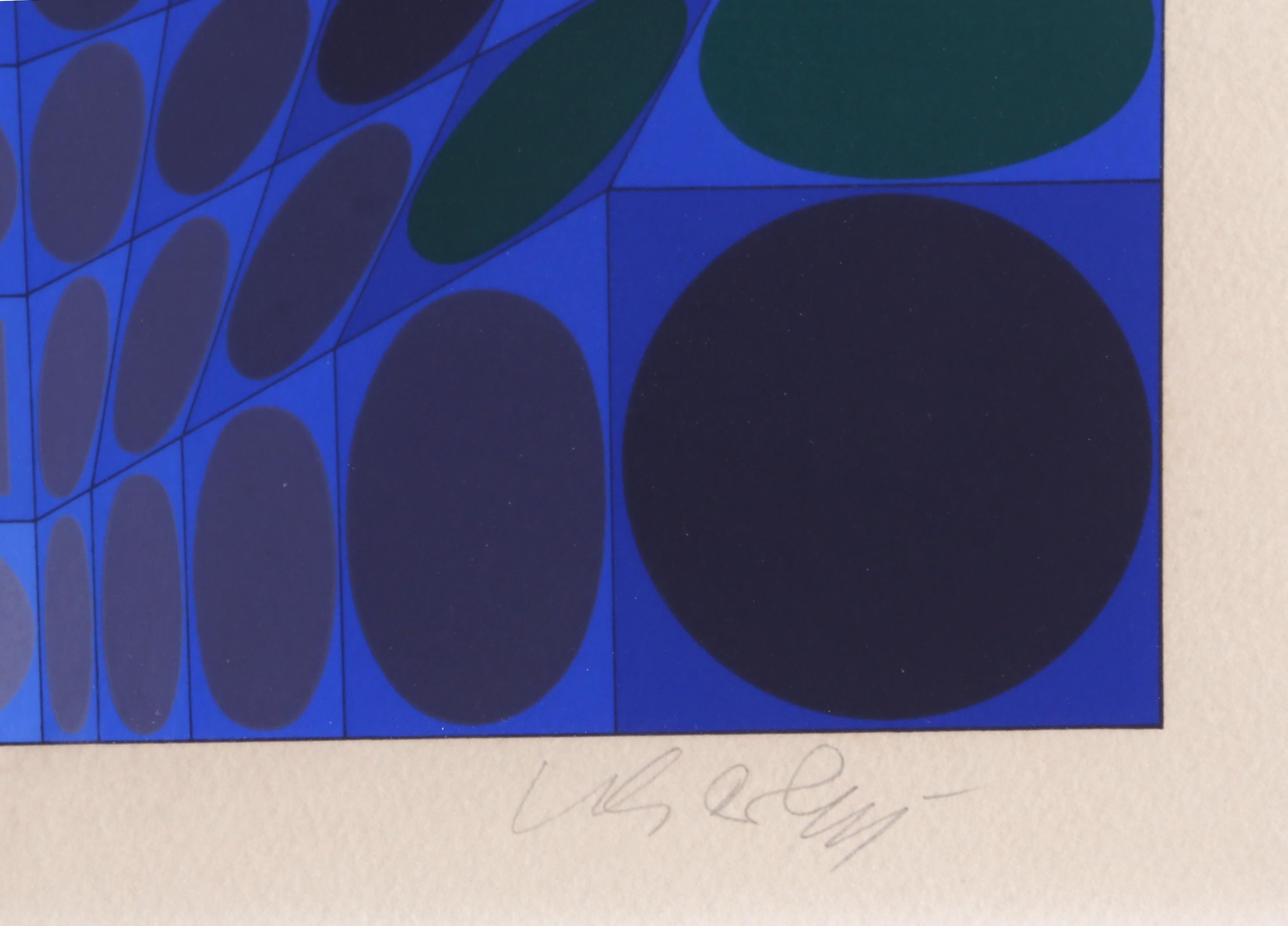 Vega - Sérigraphie en soie linéaire bleue, OP Art par Vasarely - Op Art Print par Victor Vasarely