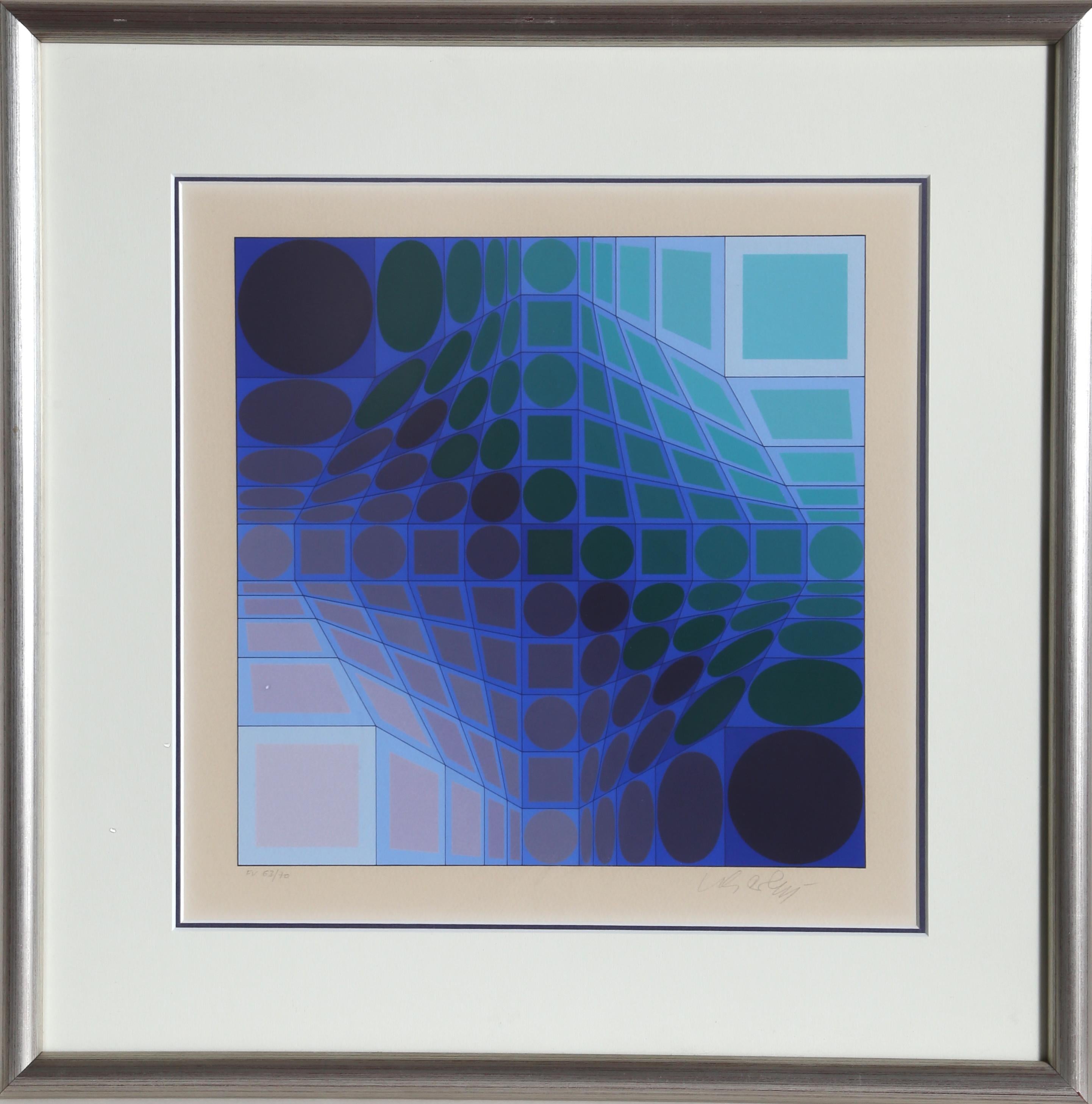 Victor Vasarely Abstract Print – Vega Linearer blauer, OP Art Siebdruck von Vasarely
