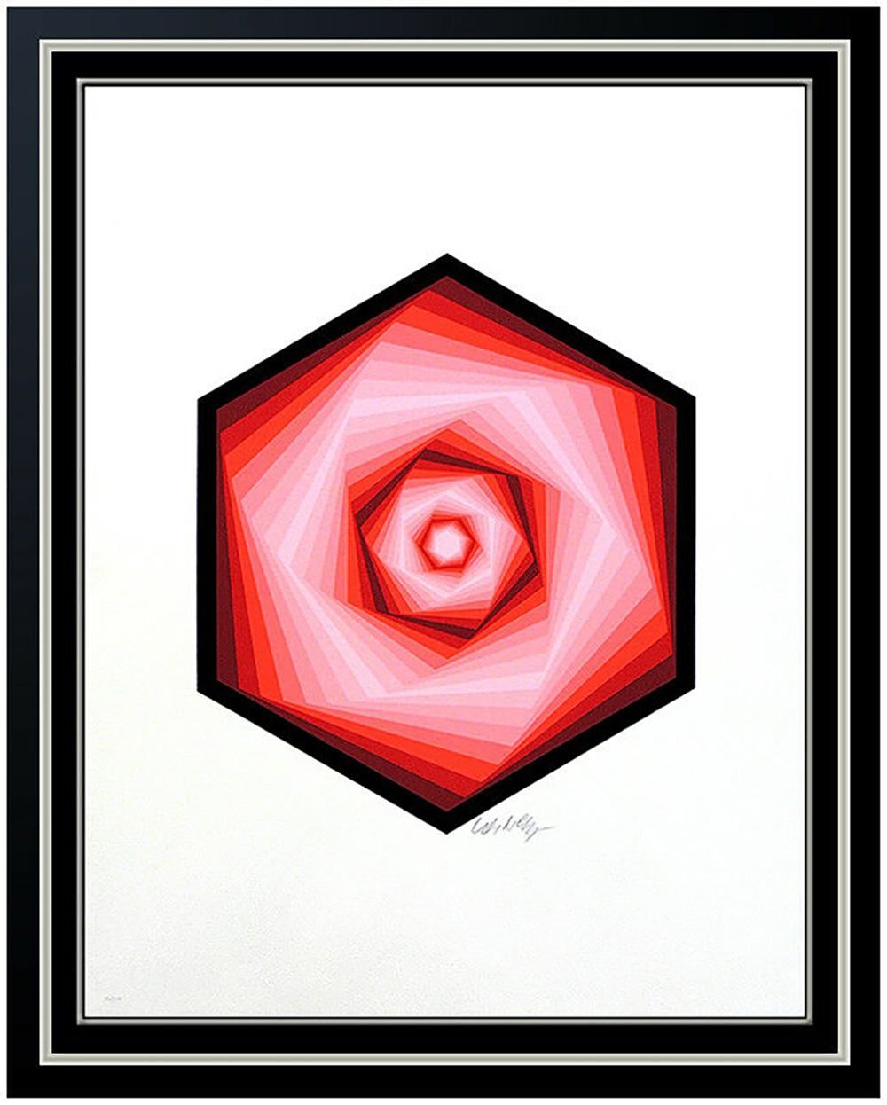 Artist: Victor Vasarely
Title: Red Vega Spiral
Medium: Screen Print and Silkscreen
Edition Number: Edition of 300 (77 of 300)
Artwork Size: 22 x 17.25 Unframed
Frame Size: 30 x 26 Framed