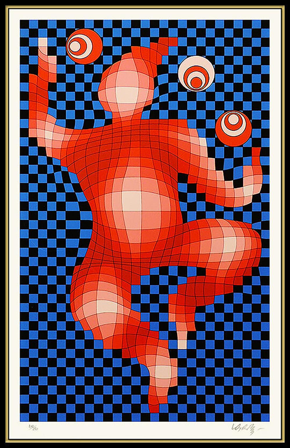 Artist: Victor Vasarely
Title: Juggler
Medium: Screen Print 
Edition Number: Edition of 250 (211 of 250)
Artwork Size: 30.5 x 20 Unframed
Frame Size: 40 x 30 Framed 