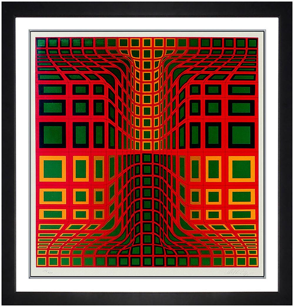 Artist: Victor Vasarely
Title: Composition with Red, Yellow and Green
Medium: Serigraph and Silkscreen
Edition Number: Edition of 250 (176 of 250)
Artwork Size: 26 x 24 Unframed
Frame Size: 36 x 24 Framed