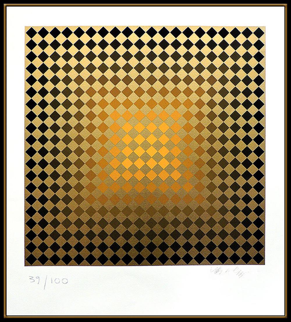 Artist: Victor Vasarely
Title: Golden Checks
Medium: Silkscreen and Serigraph
Edition Number: Edition of 100 (39 of 100)
Artwork Size: 30 x 23.5 Unframed
Frame Size: 36 x 34 Framed