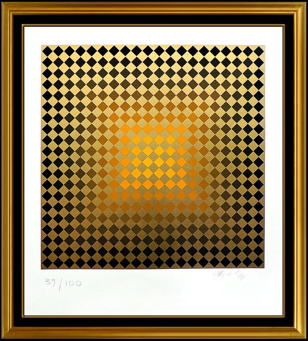 Künstler: Victor Vasarely
Titel: Goldene Schecks
Medium: Siebdruck und Serigraphie
Auflagenhöhe: Auflage von 100 (39 von 100)
Größe des Kunstwerks: 30 x 23,5 ungerahmt
Rahmengröße: 36 x 34 Gerahmt