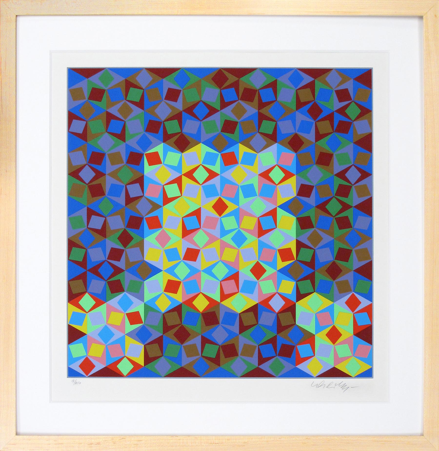 Victor Vasarely's "Photon" is limited edition serigraph in color produced in 1998. This print is numbered 93 of 250 prints on the bottom right corner and signed on the bottom left corner.  This abstract print is composed of a variety of sizes of