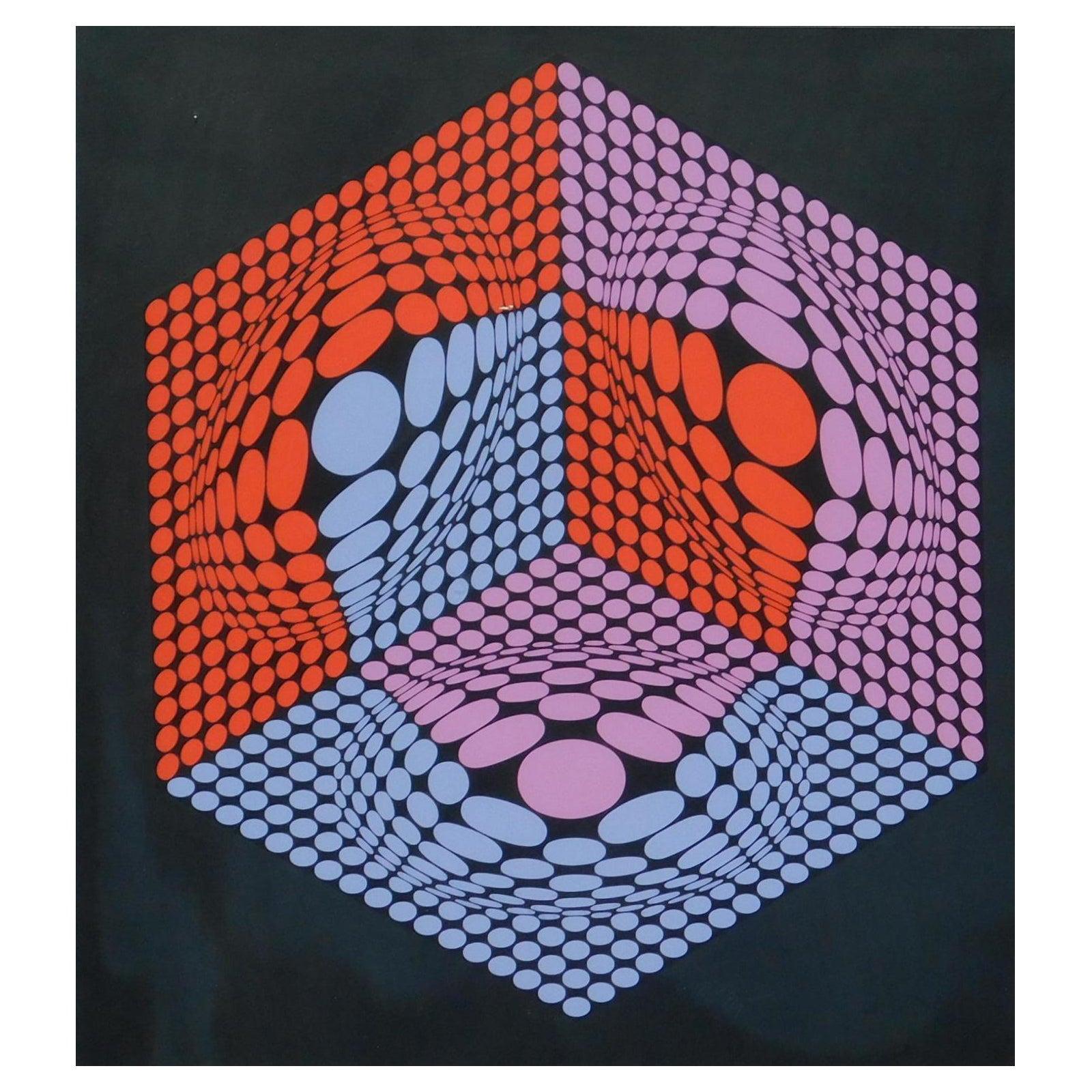 Wonderful serigraph in color on black light cardboard, created circa 1970's.
By French/Hungarian artist Victor Vasarely, considered the father of Op Art.
This work is in excellent condition, archivally matted and beautifully framed.
The image is
