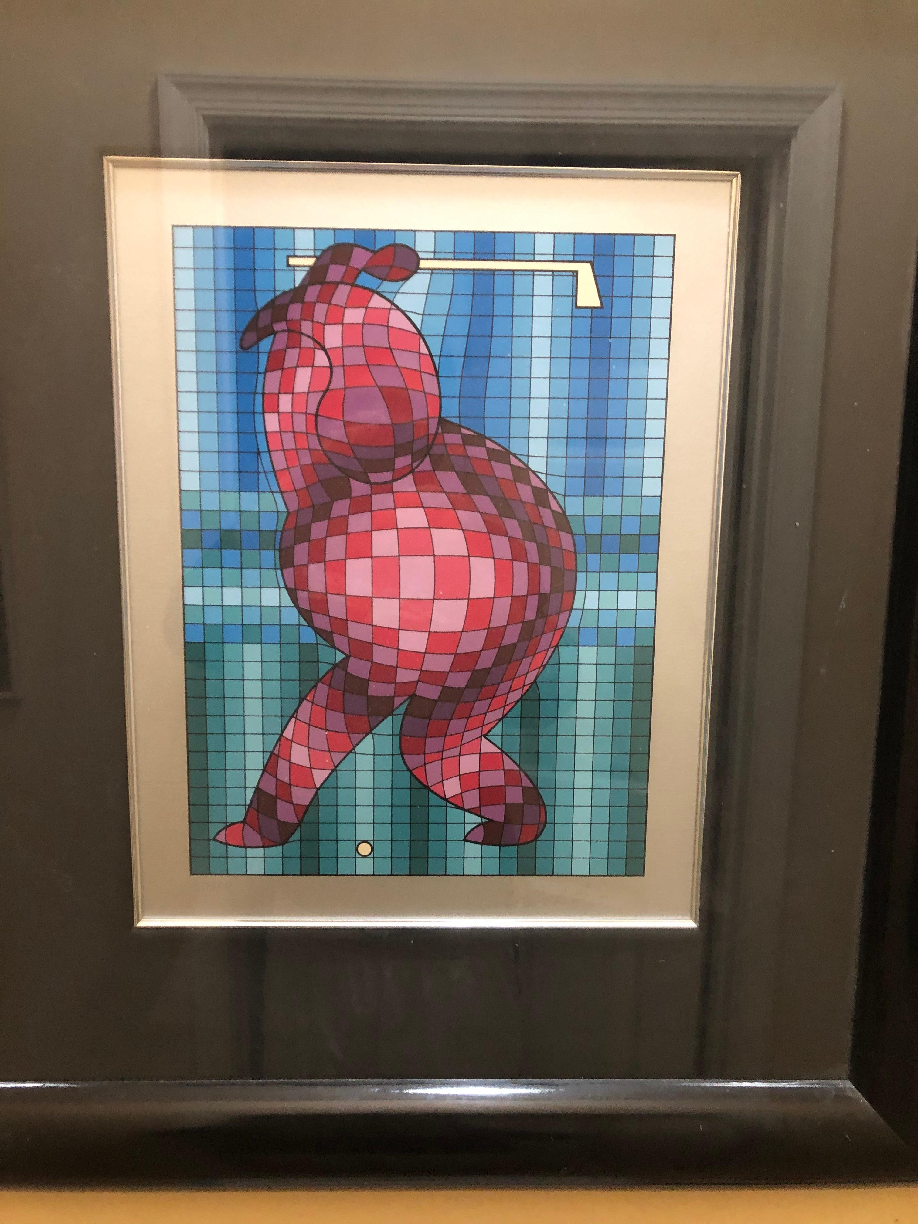  Victor Vasarely: 1906-1997. Well listed Hungarian French artist with Auction records for prints over $100,000. He was considered the grandfather of the op art movement. This really cool piece of a golfer was done in a variety of colors. The print