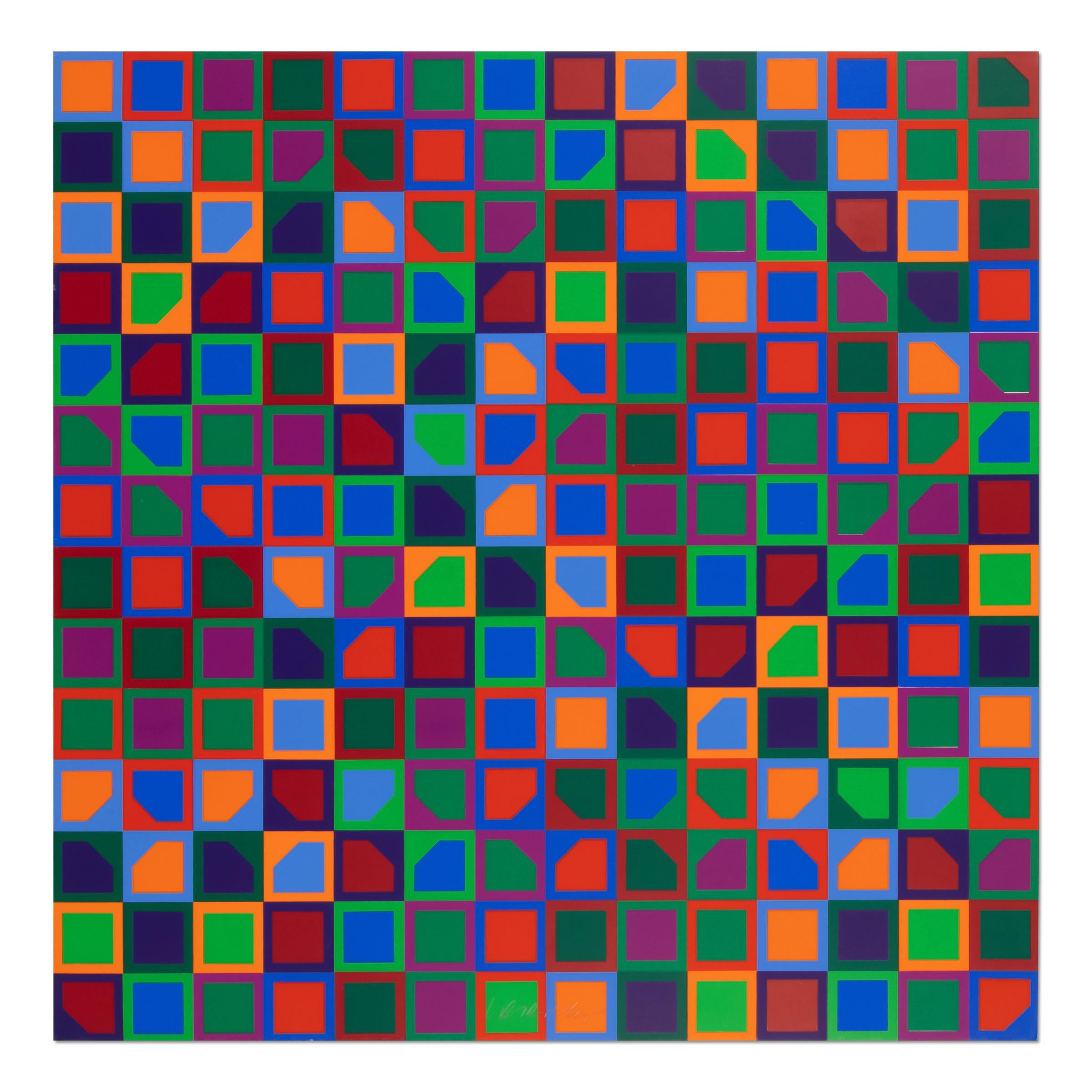 Victor Vasarely (Hungarian-French, 1906-1997)
Untitled, ca. 1966
Medium: Screen print on card
Dimensions: 27 3/5 × 27 3/5 in (70 × 70 cm)
Edition of 100: Hand-signed in pencil, not numbered
