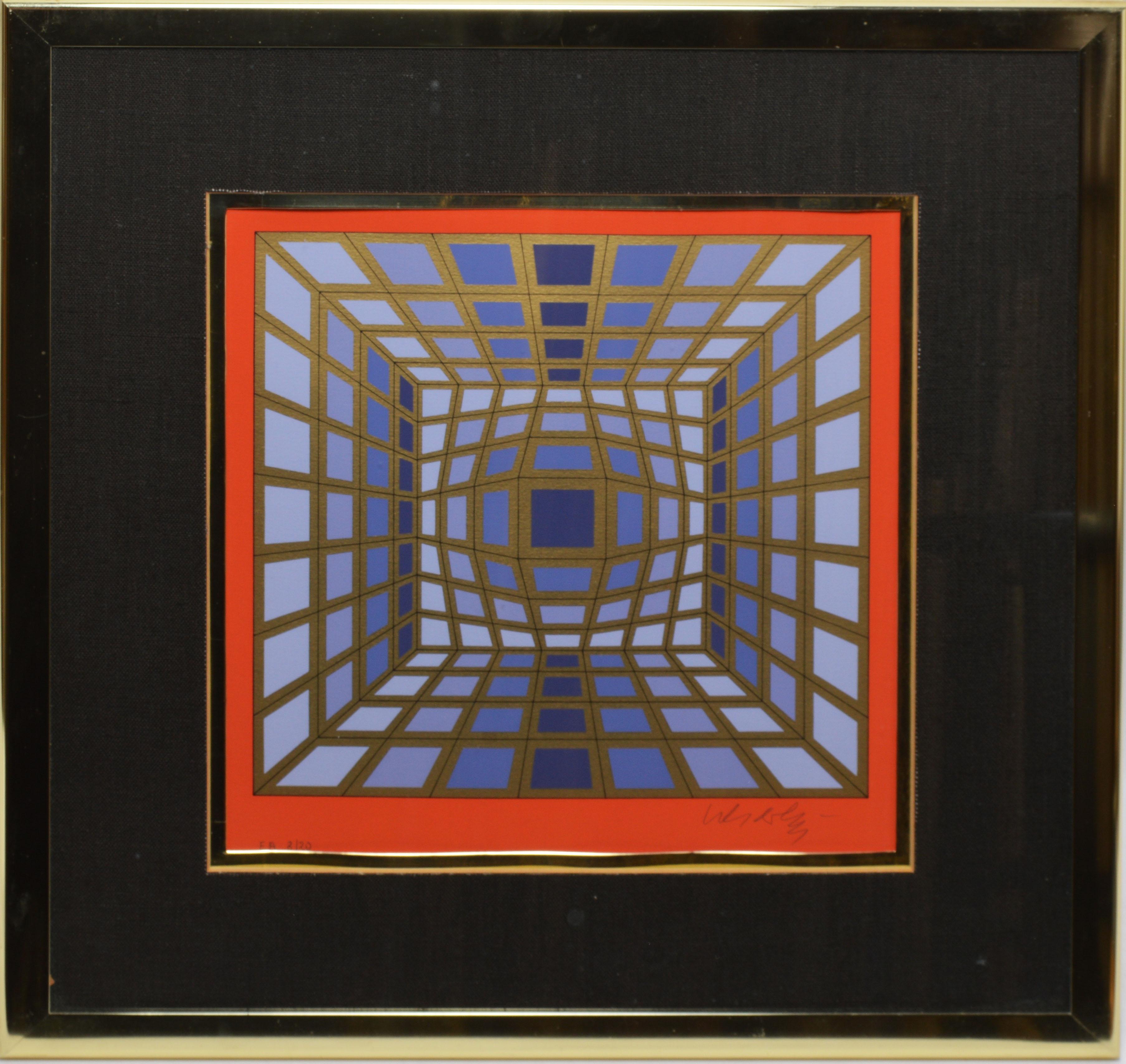 Vintage abstract lithograph by Victor Vasarely  (1906 - 1997) .  Signed and numbered.  Displayed in a giltwood frame.  Image, 11"L x 11"H, overall 19"L x 19"H.