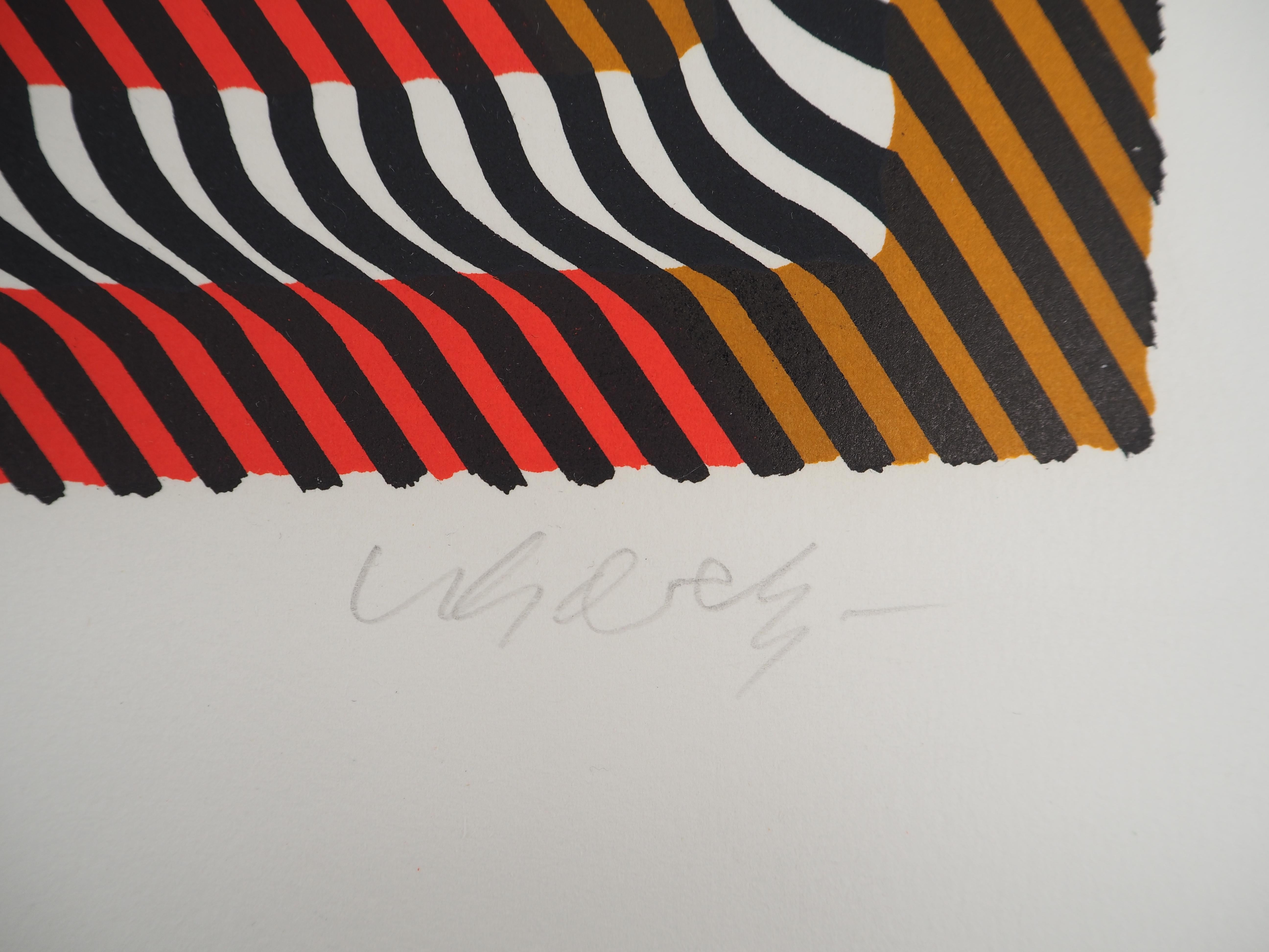 Zebra on a Rainbow (Op Art) - Original Lithograph, HANDSIGNED - Print by Victor Vasarely