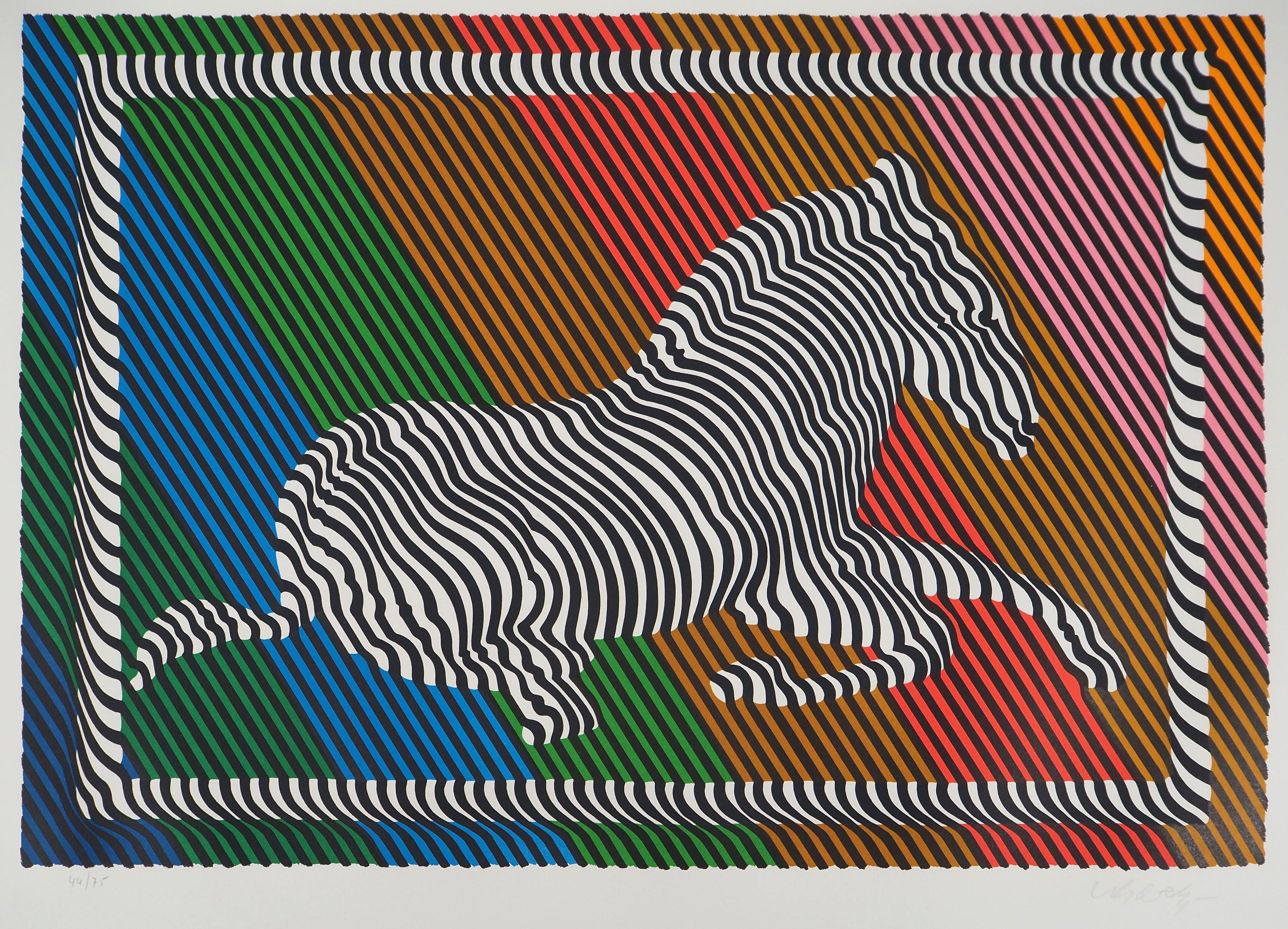 Zebra on a Rainbow (Op Art) - Original Lithograph, HANDSIGNED - Gray Abstract Print by Victor Vasarely