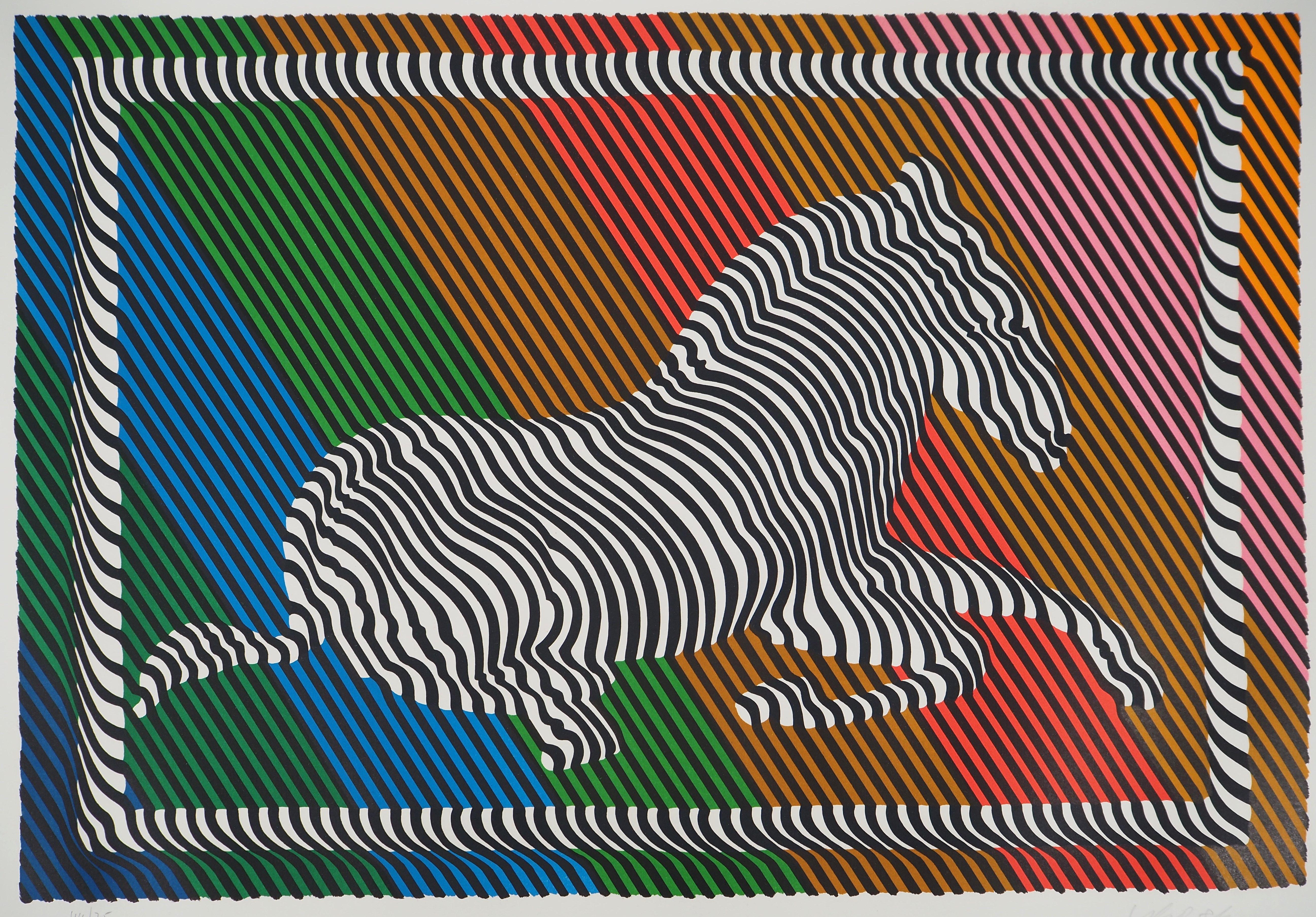 Victor VASARELY
Zebra on a Rainbow (Op Art), 1984

Original lithograph
Signed in pencil
Numbered /75
On Arches vellum 61 x 78 cm (c.24 x 31 in)

REFRENCE : Catalog raisonne Vasarely Printed edition, Benavides #986

Excellent condition