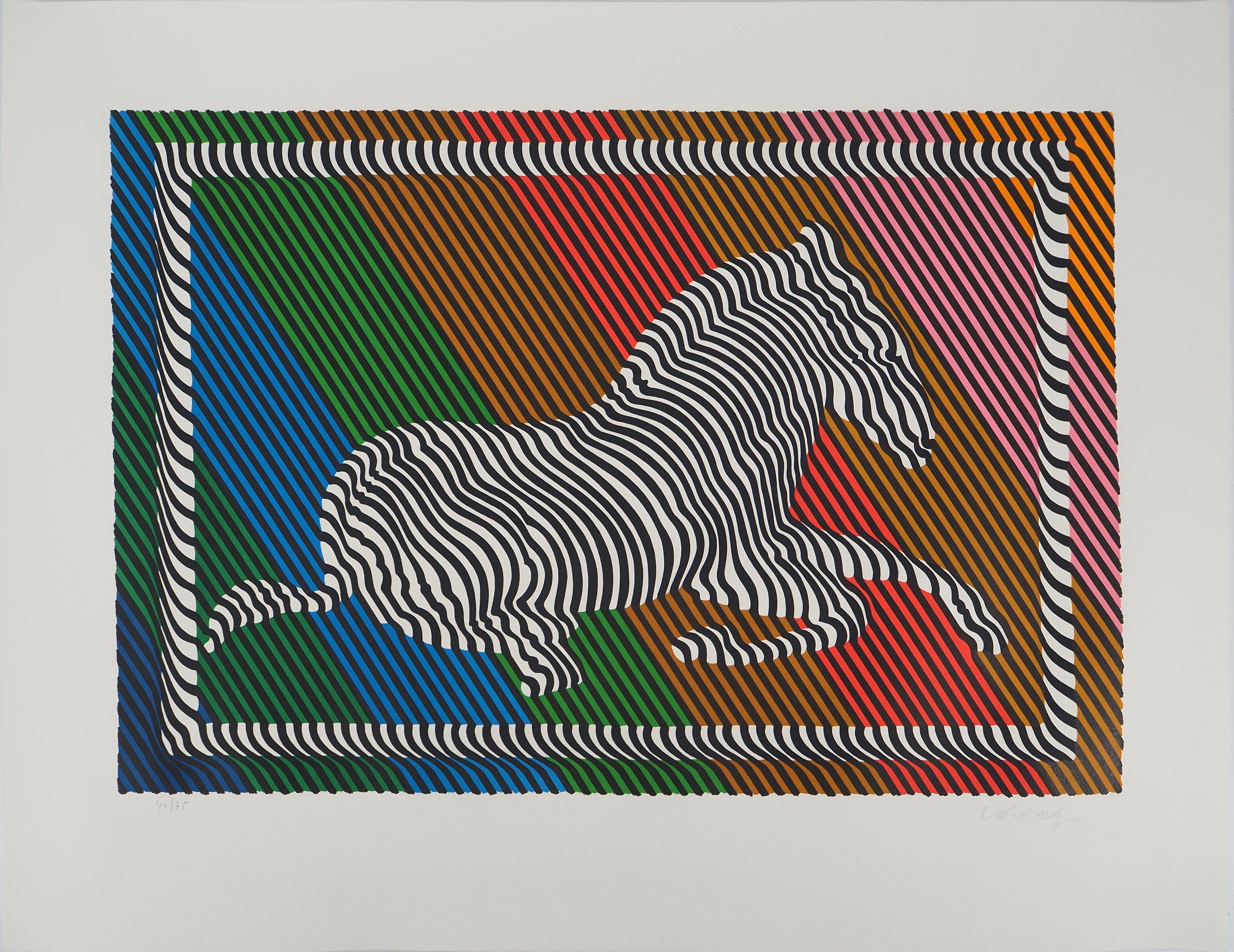 Zebra on a Rainbow (Op Art) - Original Lithograph, HANDSIGNED