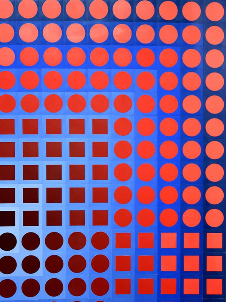Victor Vasarely Zoeld Red/Blue, aus der Kanta-Serie, 1971, ist ein BASF Luran auf Aluminium, das von Victor Vasarely (Ungarn, 1906 - Frankreich, 1997) im unteren rechten Rand signiert ist. Ebenfalls handsigniert von Victor Vasarely (Ungarn, 1906 -