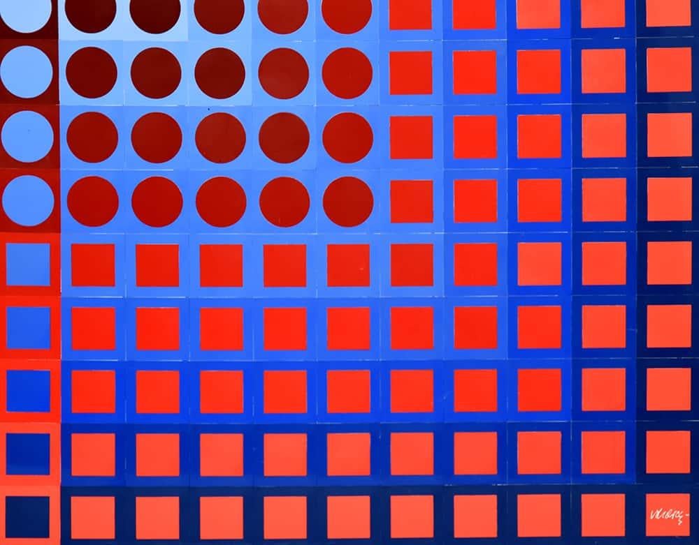 Victor Vasarely Zoeld Red/Blue, from the Kanta Series, 1971, is a BASF Luran on aluminum that is signed by Victor Vasarely (Hungary, 1906 – France, 1997) in the lower right margin. Also hand-signed by Victor Vasarely (Hungary, 1906 – France, 1997)