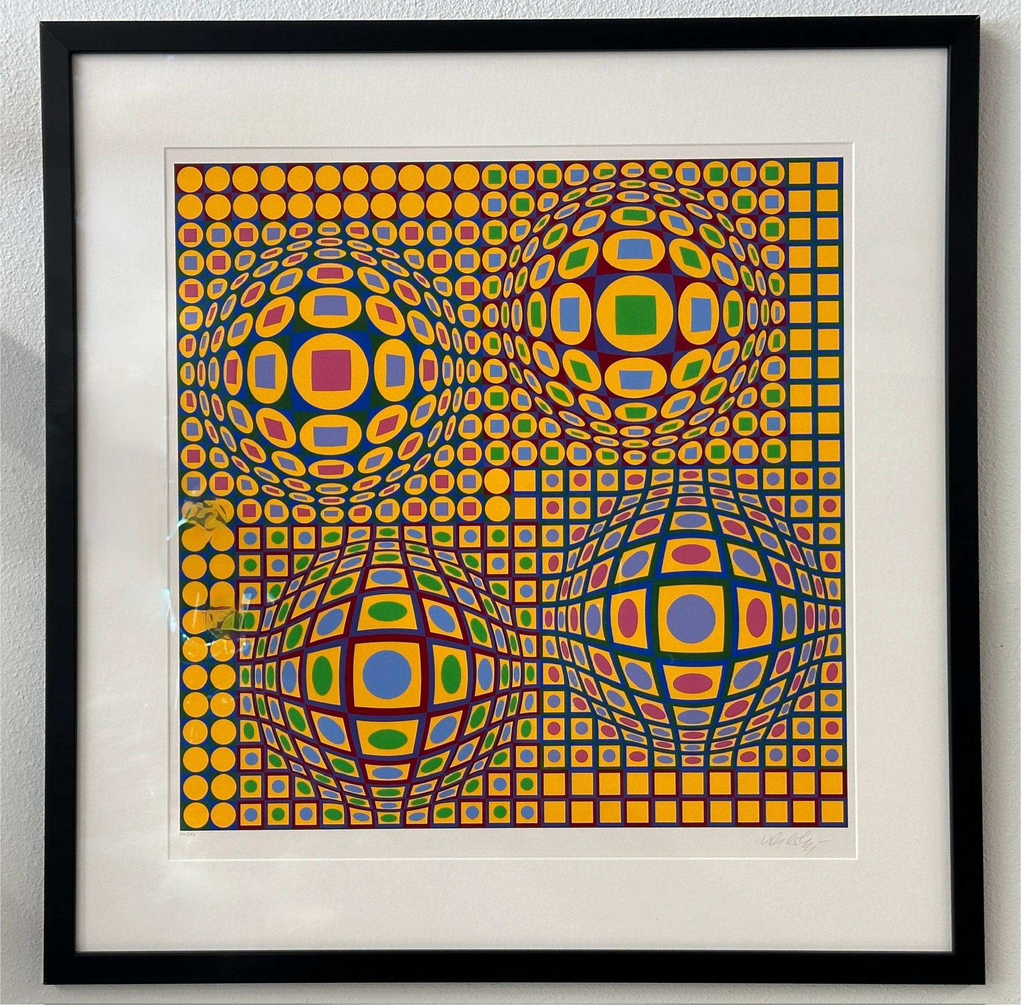 A wonderful vibrant screenprint by the pop art master Victor Vasarely. This one is from 1979 and titled “Quadrature” It is numbered  103/275 lower left and signed lower right. The matte opening is 25.5 inches square.  Frame dimensions are 34.5