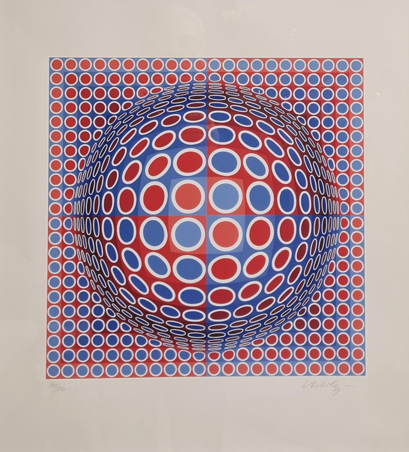 A beautiful work by the world renowned and father of OP art Hunargian French Artist Victor Vasarely.
This fine example of a 3d illusion sphere is bright blue and red against a white background. The screenprint itself is 40 x 40cm and is signed and