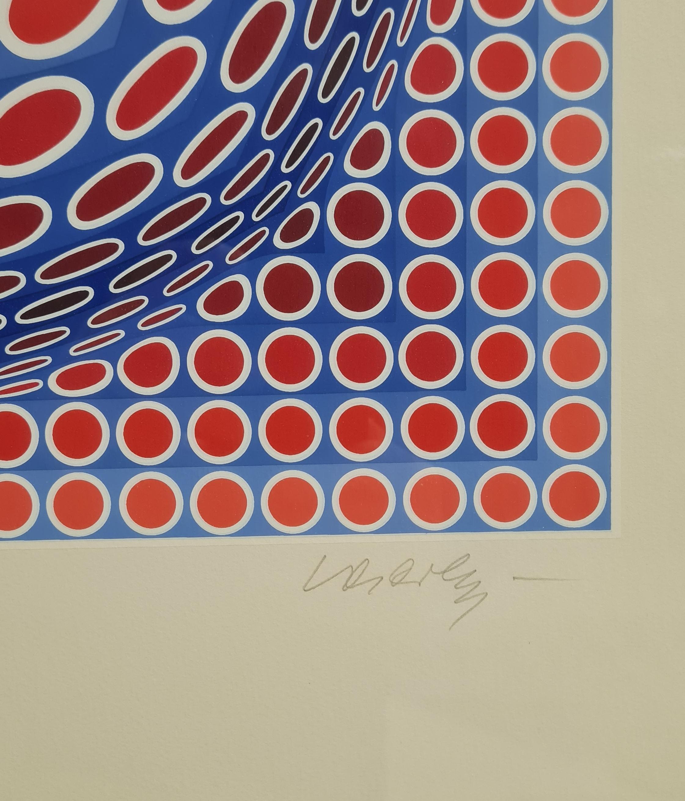 French Victor Vasarely Red and Blue Sphere, Signed Limited Edition