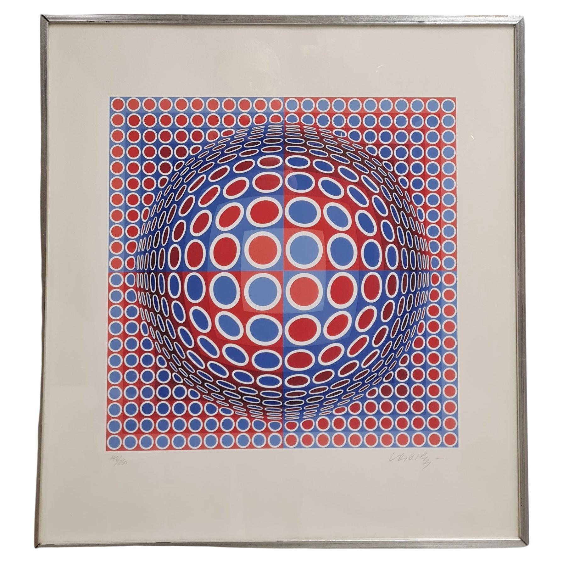 Victor Vasarely Red and Blue Sphere, Signed Limited Edition