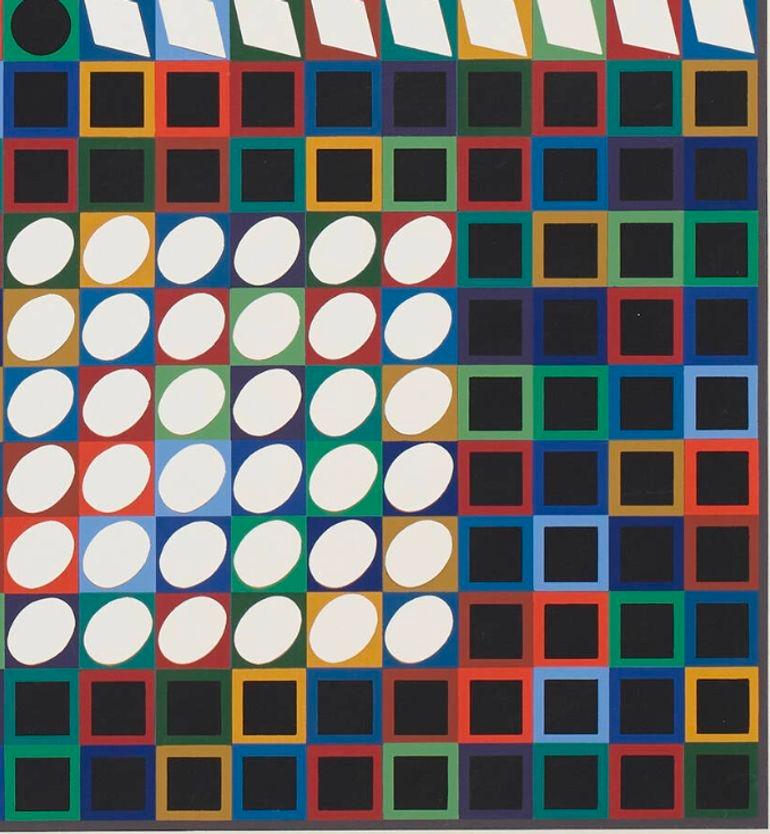Victor Vasarely Siebdruck in Farbe M.C.-2 1970
ungerahmt
Bild: 21 h × 20 b in
Blatt: 33 h × 26 b in
Signiert und nummeriert am unteren Rand /300 Vasarely' mit Blindstempel des Verlags. Dieses Werk stammt aus der Ausgabe 300 des Verlags Denise René