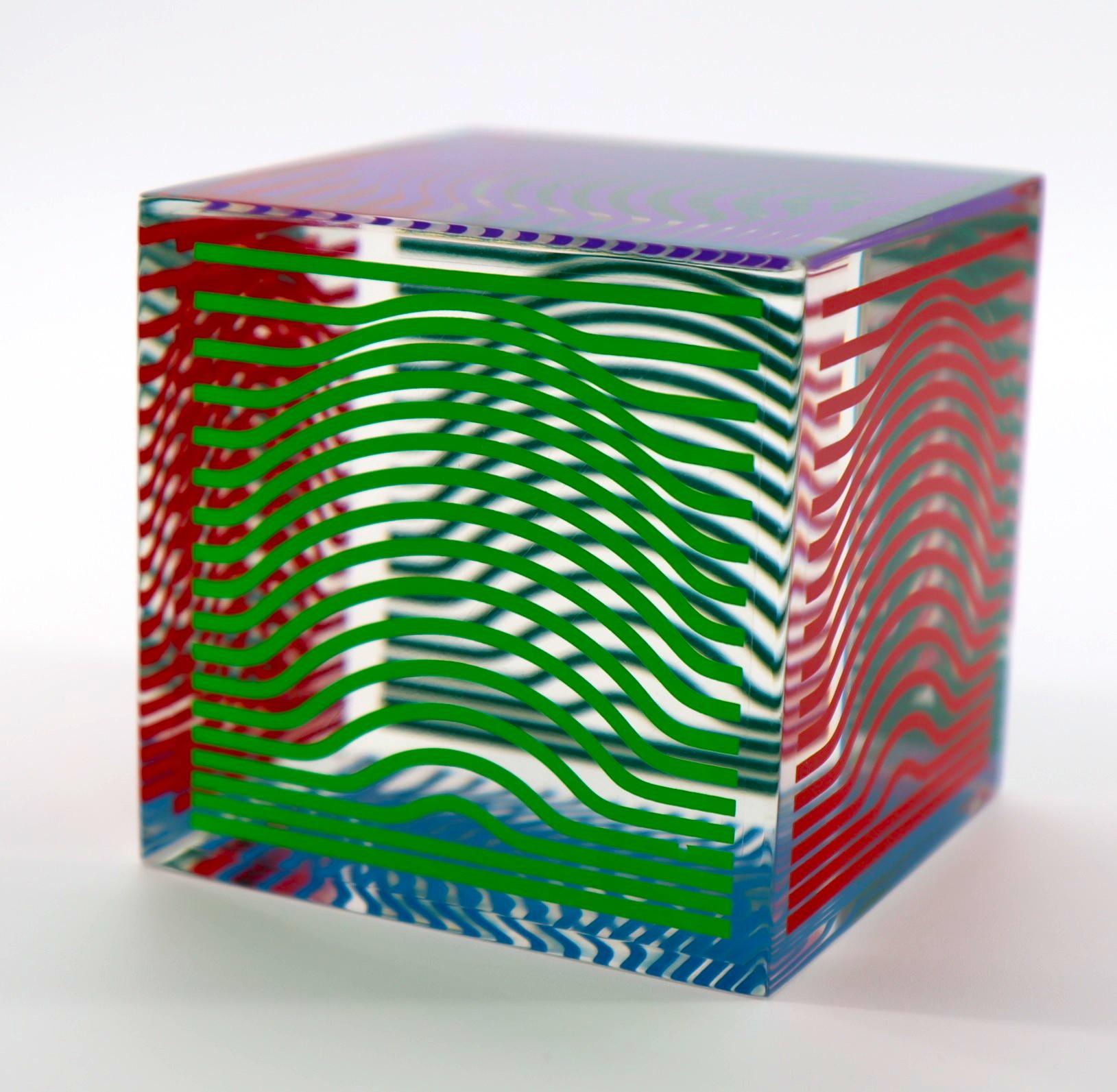 VICTOR VASARELY, MULTI WAVE CUBE, ACRYLIC GLASS SCULPTURE 1970 8