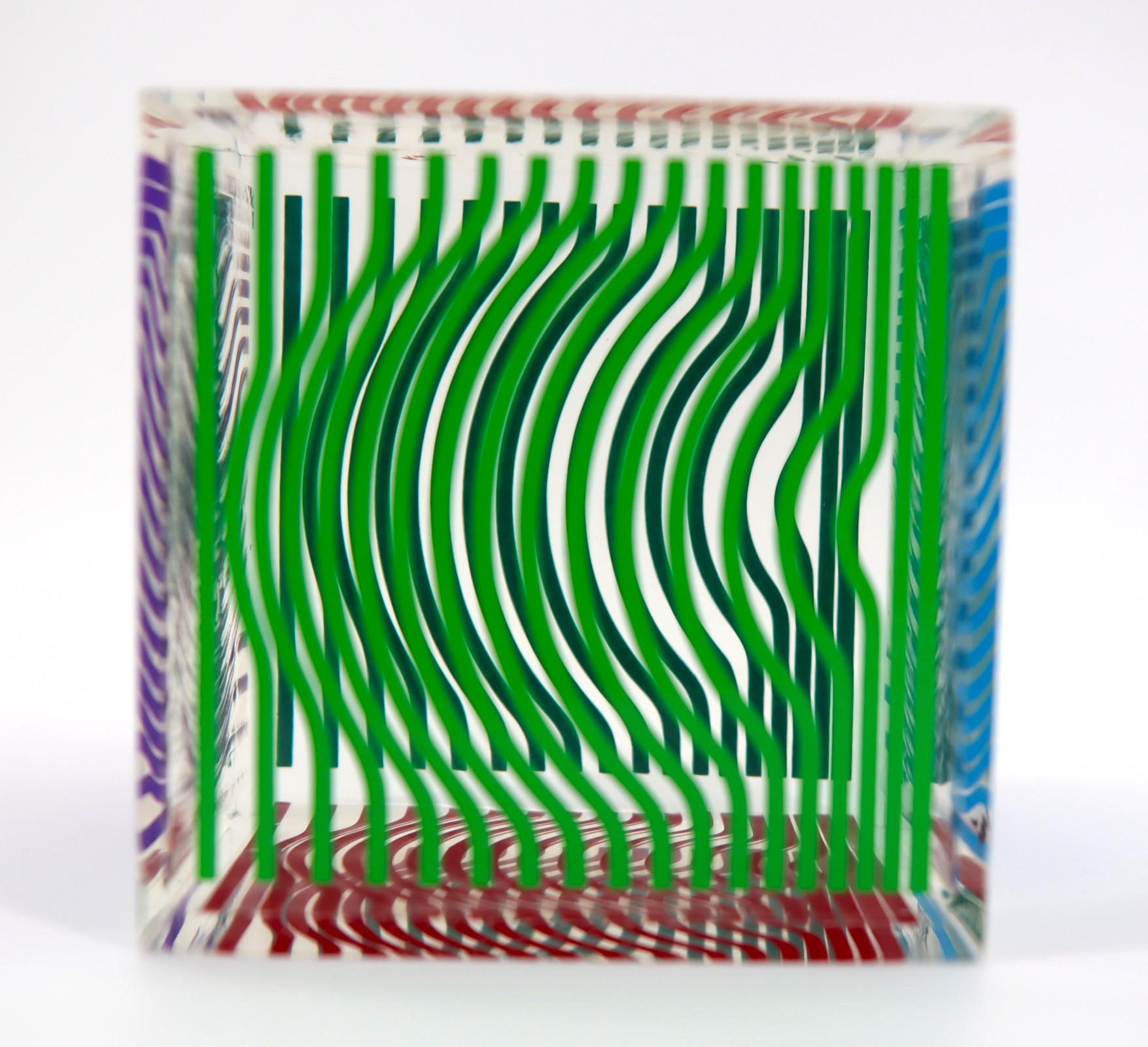 VICTOR VASARELY, MULTI WAVE CUBE, ACRYLIC GLASS SCULPTURE 1970 - Op Art Sculpture by Victor Vasarely