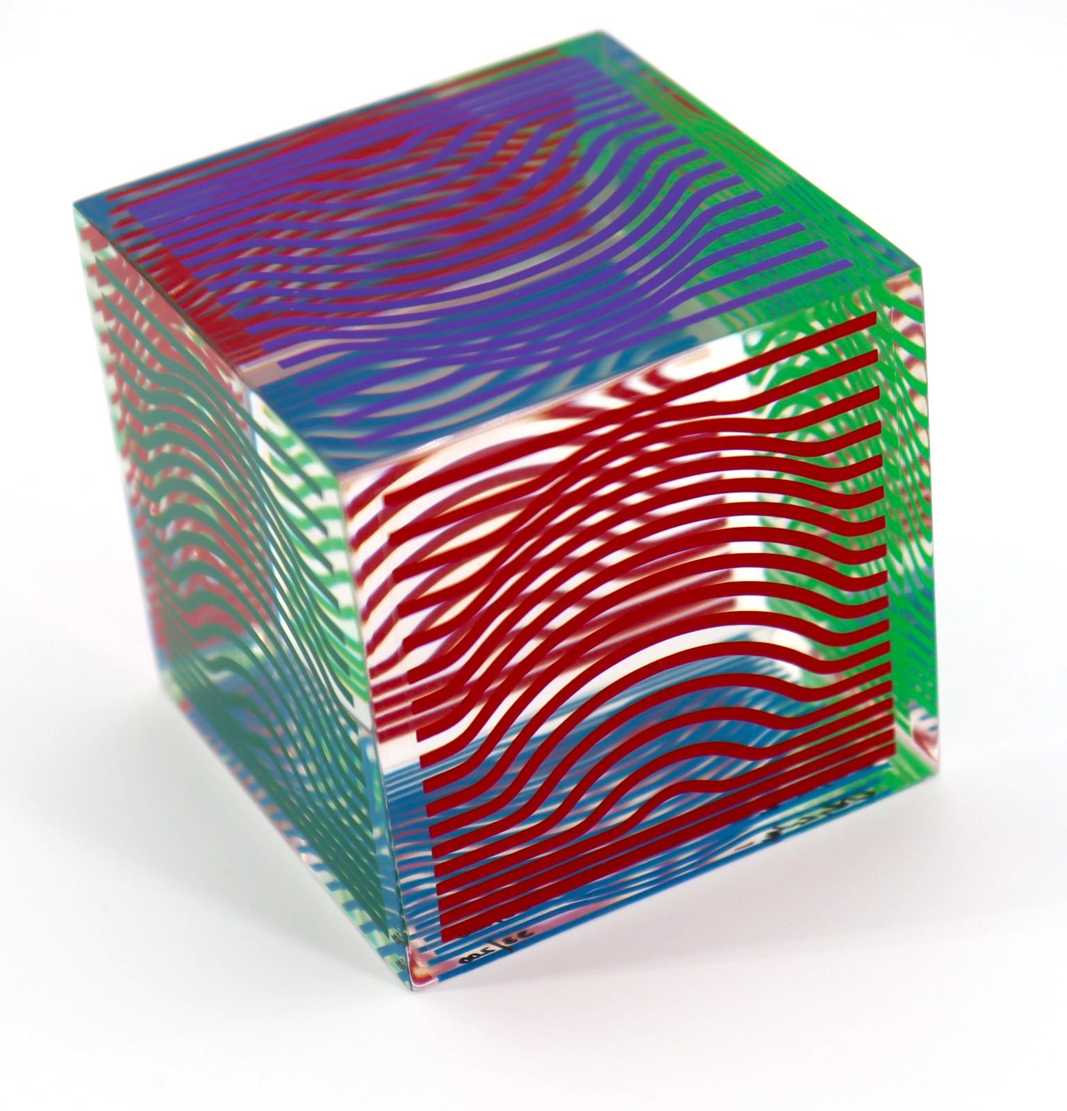 VICTOR VASARELY, MULTI WAVE CUBE, ACRYLIC GLASS SCULPTURE 1970 1