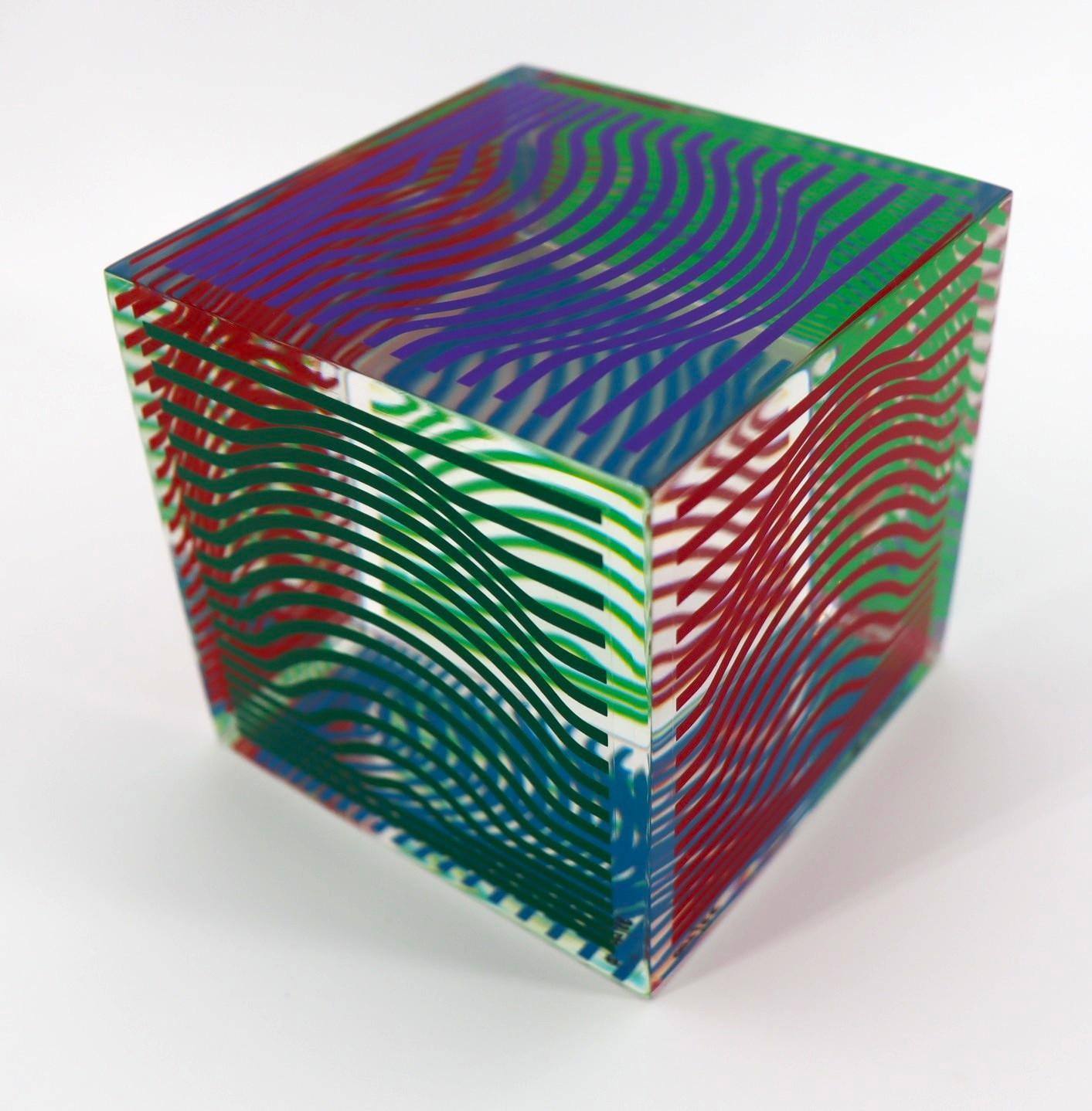 VICTOR VASARELY, MULTI WAVE CUBE, ACRYLIC GLASS SCULPTURE 1970 2