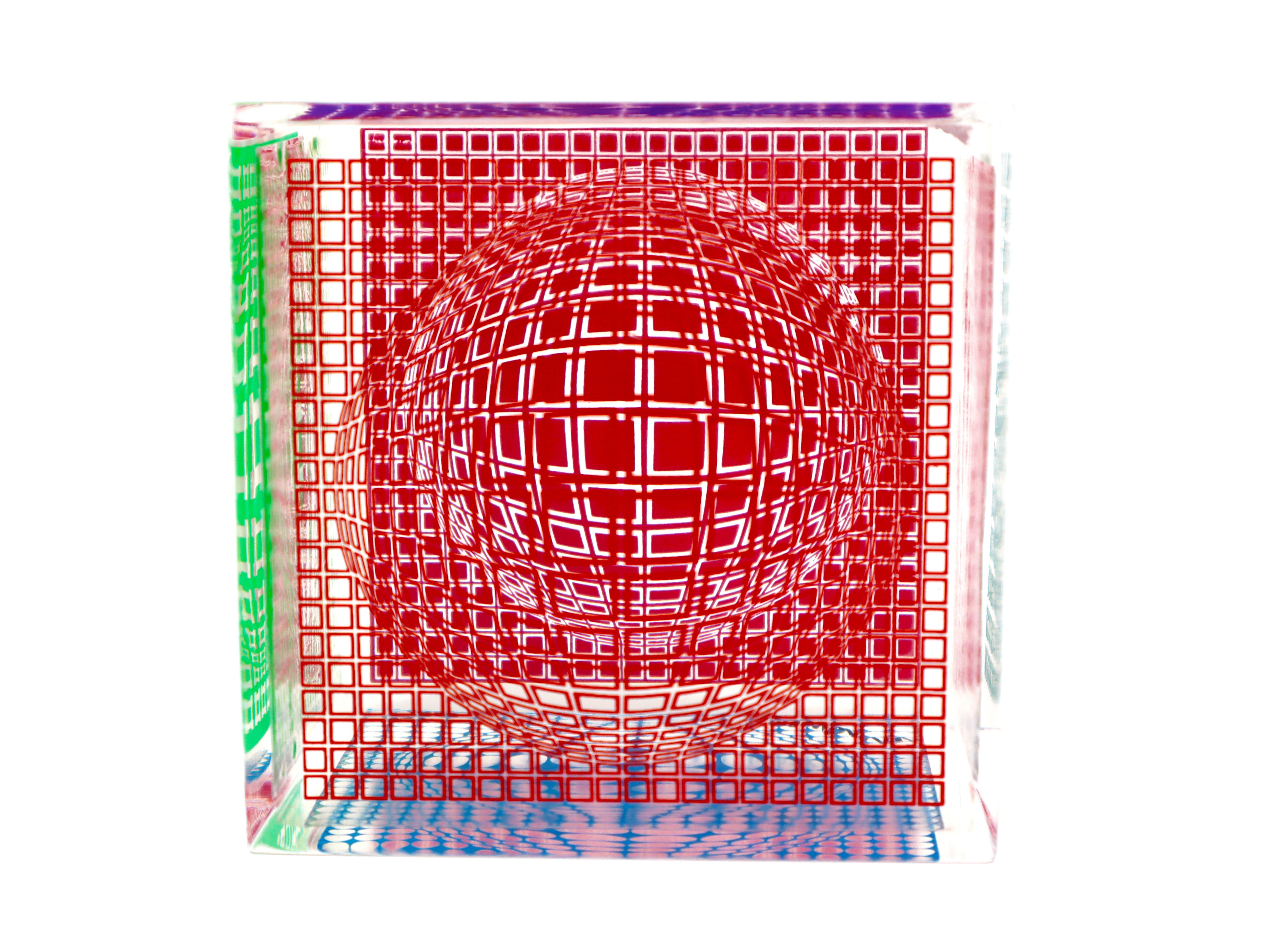 VICTOR VASARELY, CUBO MULTI ONDA, SCULTURA IN VETRO ACRILICO 9