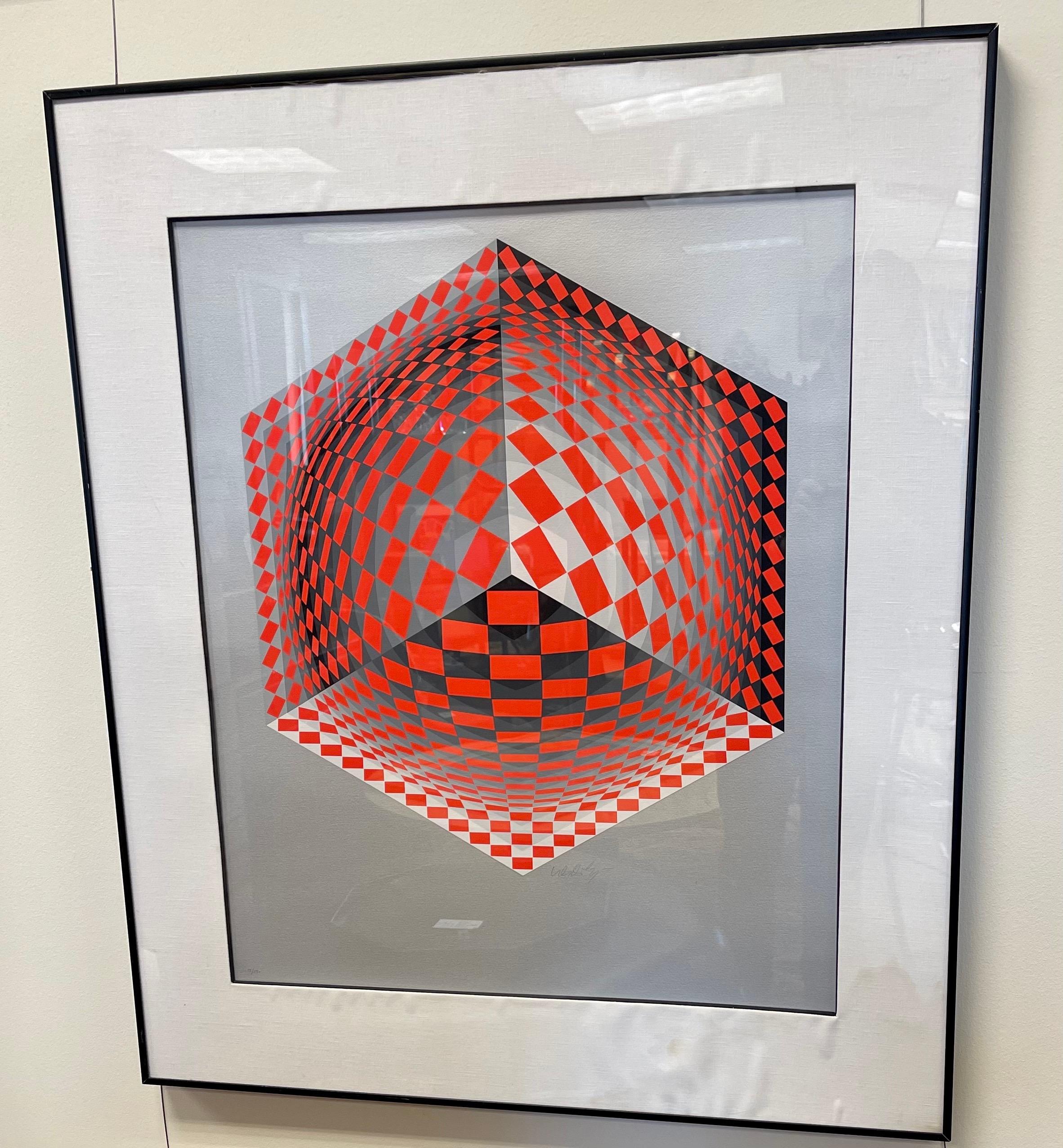 Victor Vasarely (French-Hungarian 1908 - 1997) serigraph on aluminum, optical art illusion with cubes. The work is signed and numbered in pencil - see attached pics. This particular work depicts an optical illusion with geometric cubes.
Op Art is a