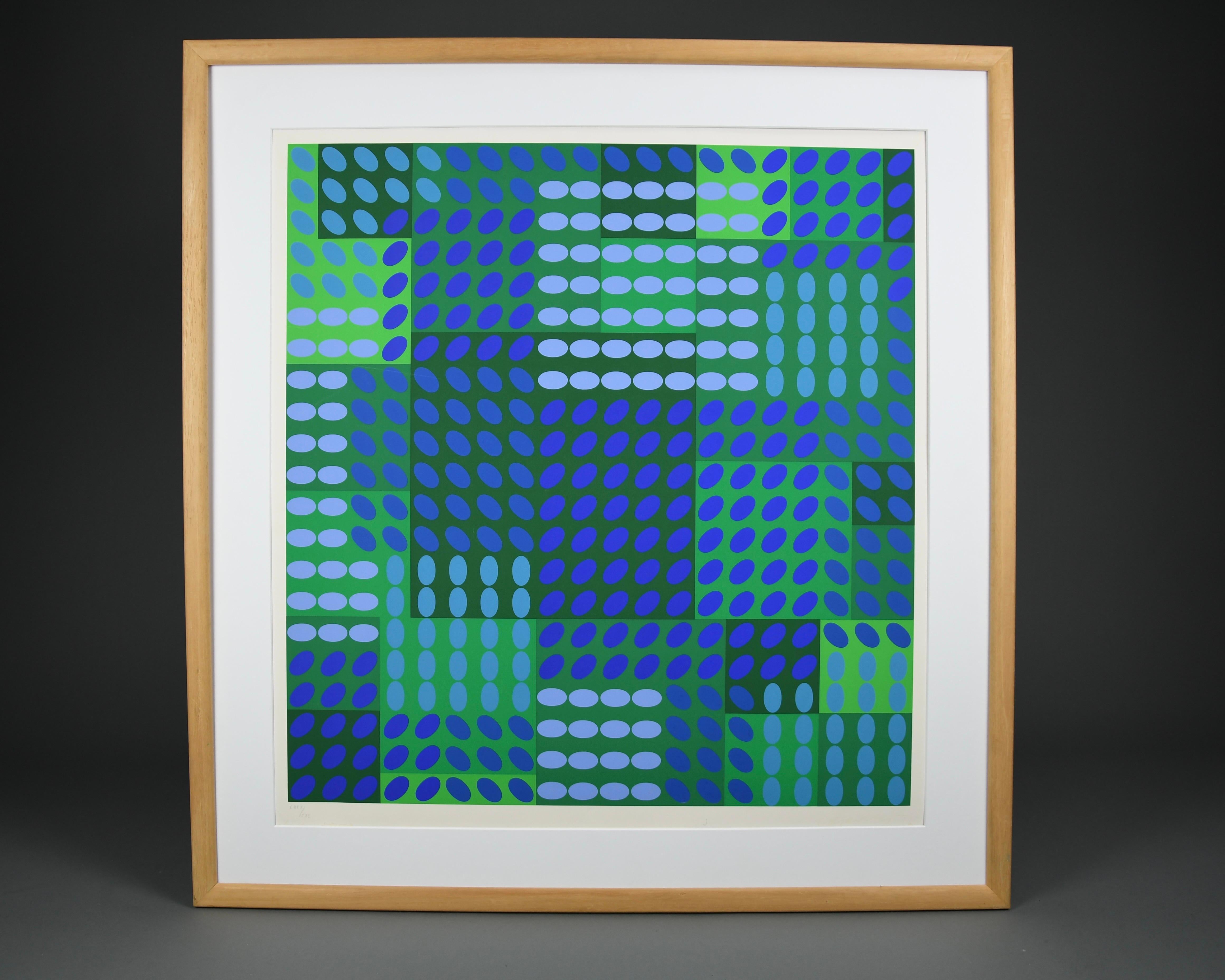 Victor Vasarely (1906-1997)

Ohne Titel (Op-Art-Komposition in Blau und Grün)

Signierte und nummerierte Lithografie, Auflage 170/190

Größe: 71 × 67 cm (27,95 × 26,38 Zoll)

Beschreibung

Diese eindrucksvolle Lithografie von Victor Vasarely, dem