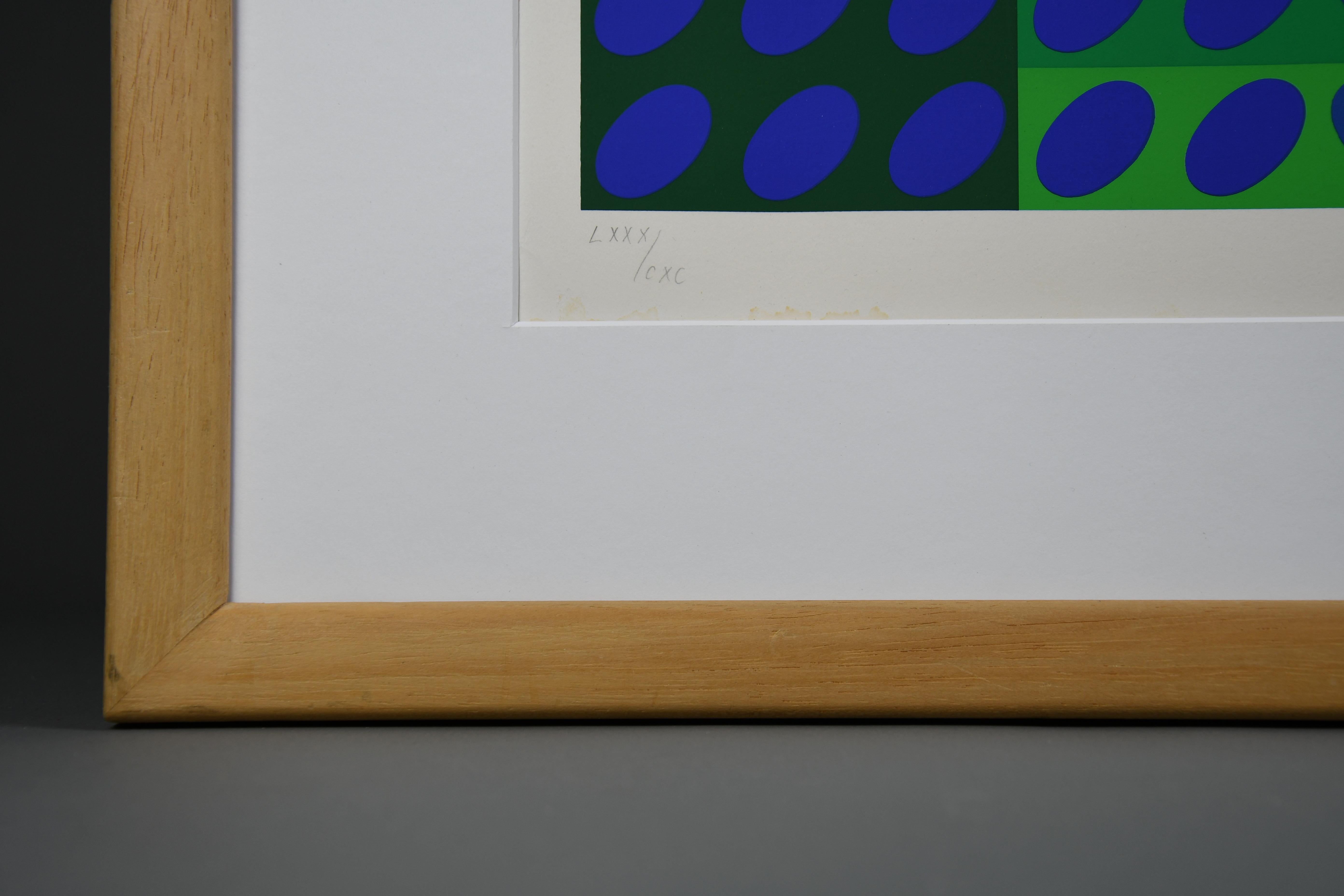 Victor Vasarely signiert Op Art Komposition in Blau und Grün (Moderne der Mitte des Jahrhunderts) im Angebot