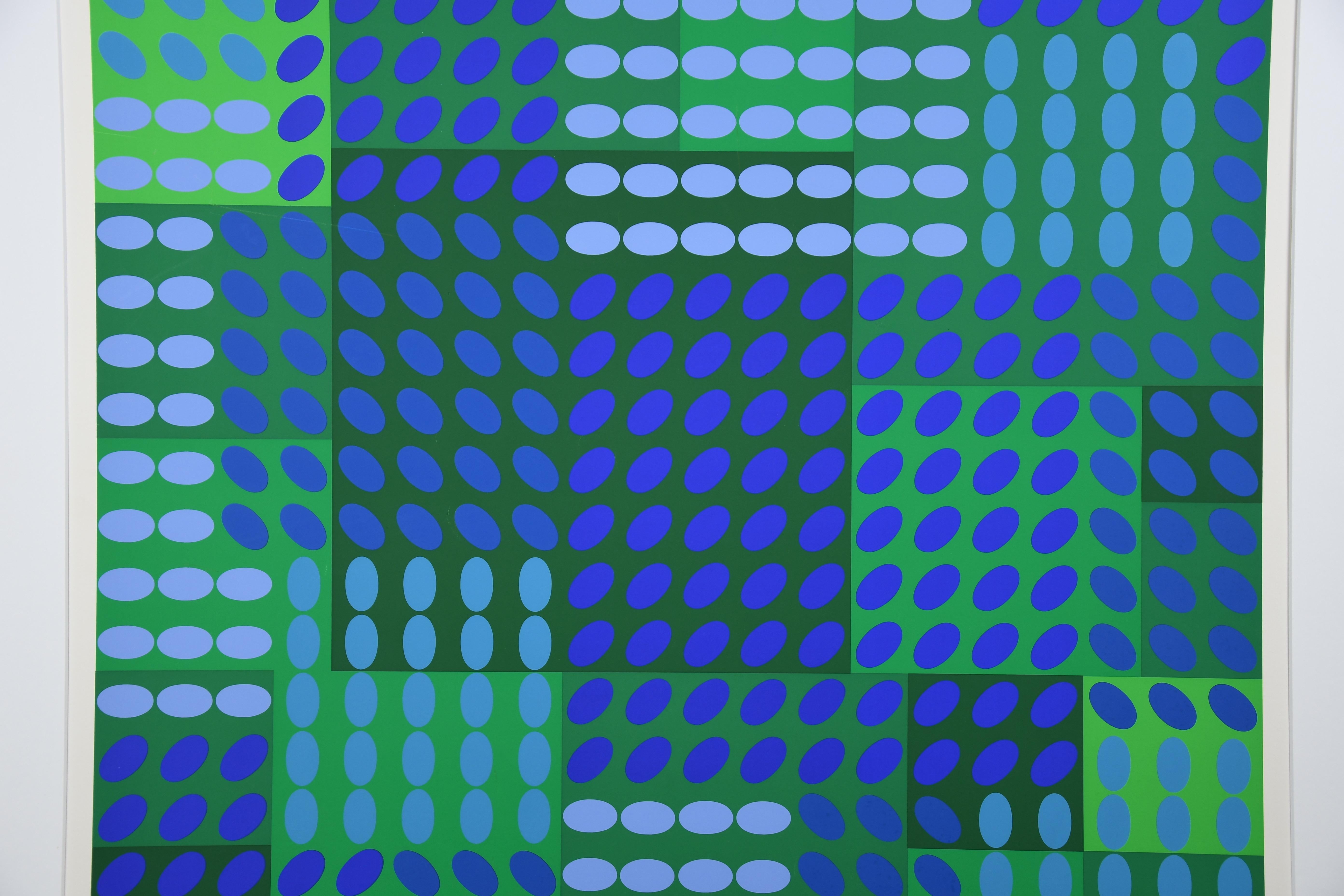 Victor Vasarely signiert Op Art Komposition in Blau und Grün (Französisch) im Angebot