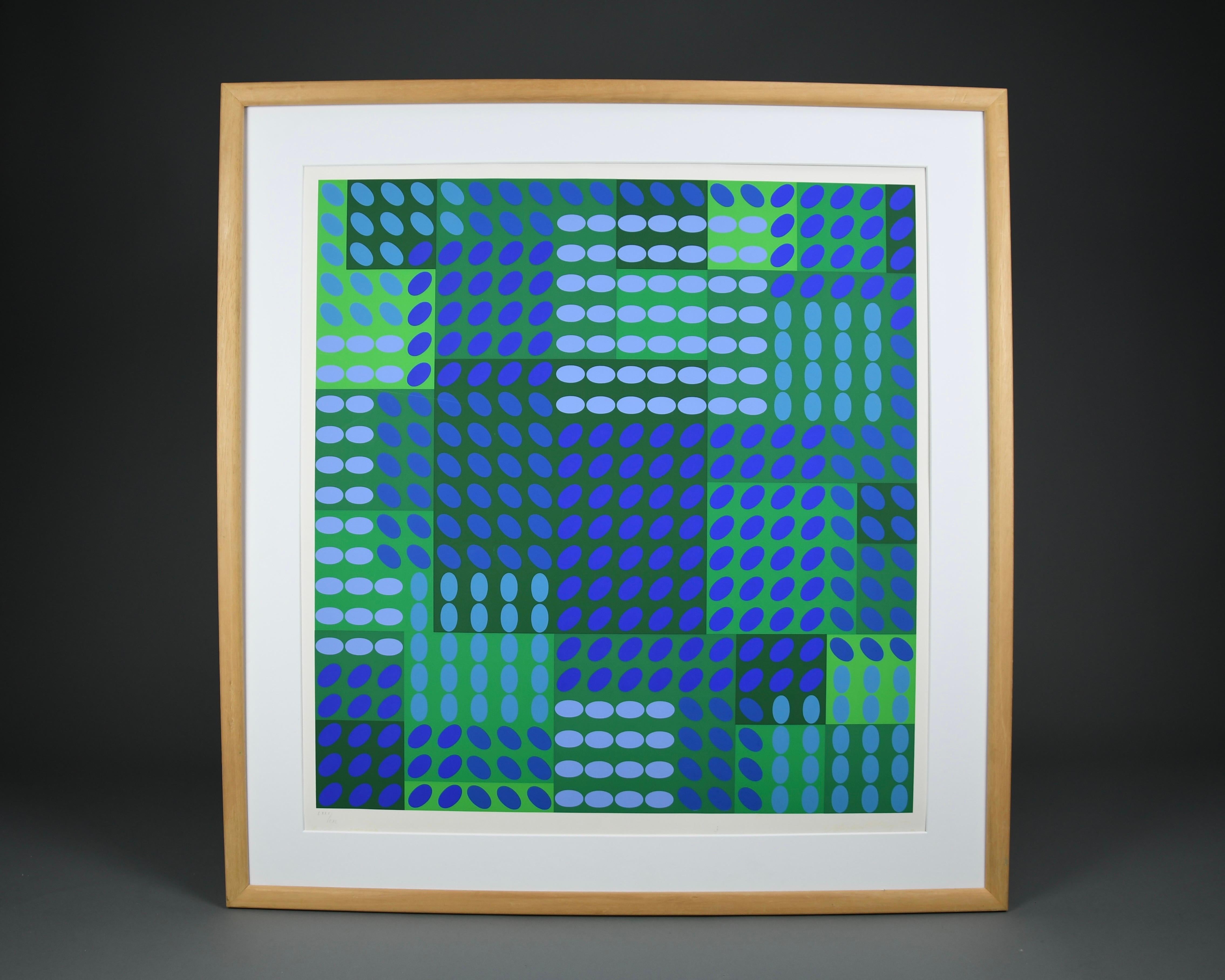 Victor Vasarely signiert Op Art Komposition in Blau und Grün (Ende des 20. Jahrhunderts) im Angebot