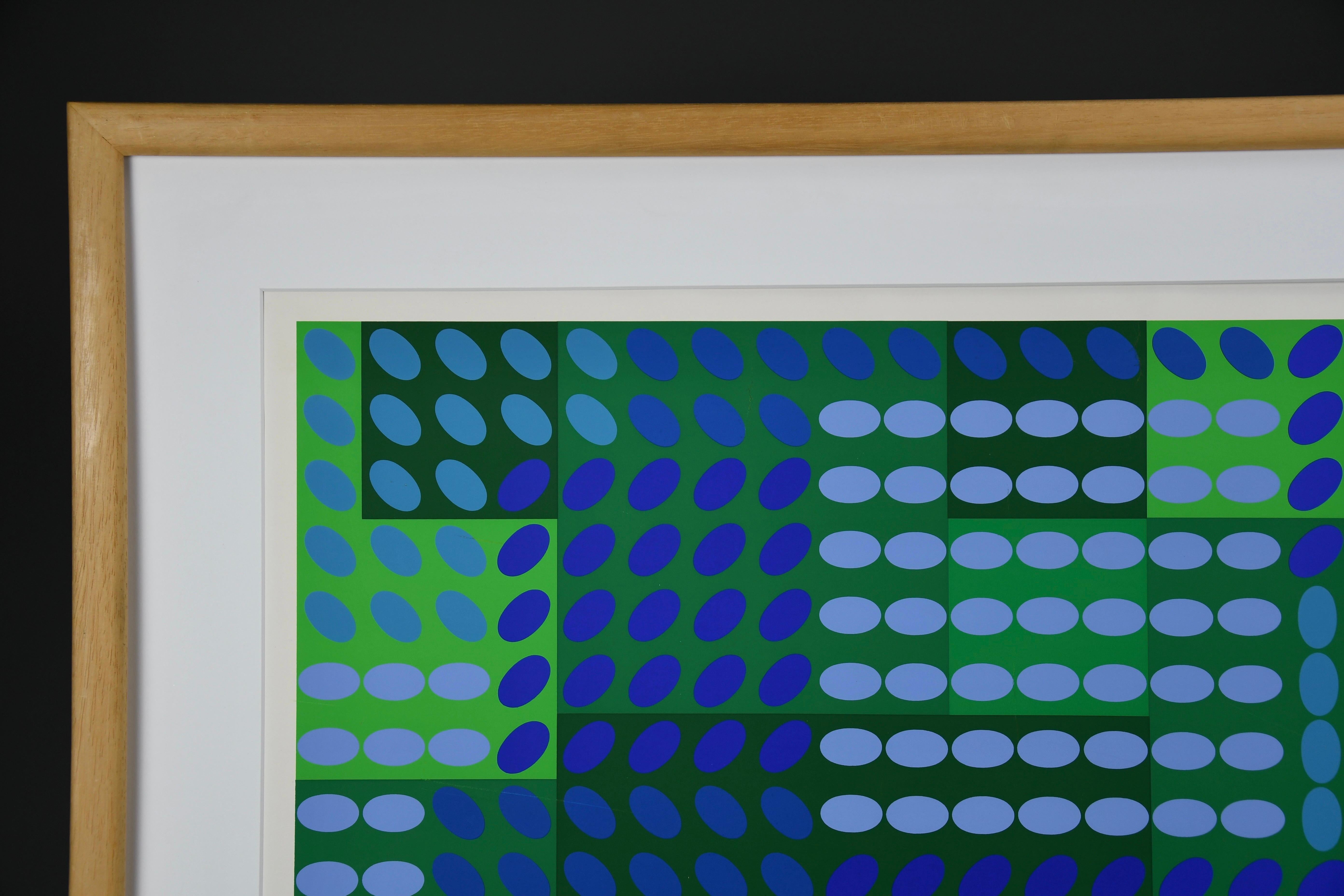 Victor Vasarely signiert Op Art Komposition in Blau und Grün (Papier) im Angebot