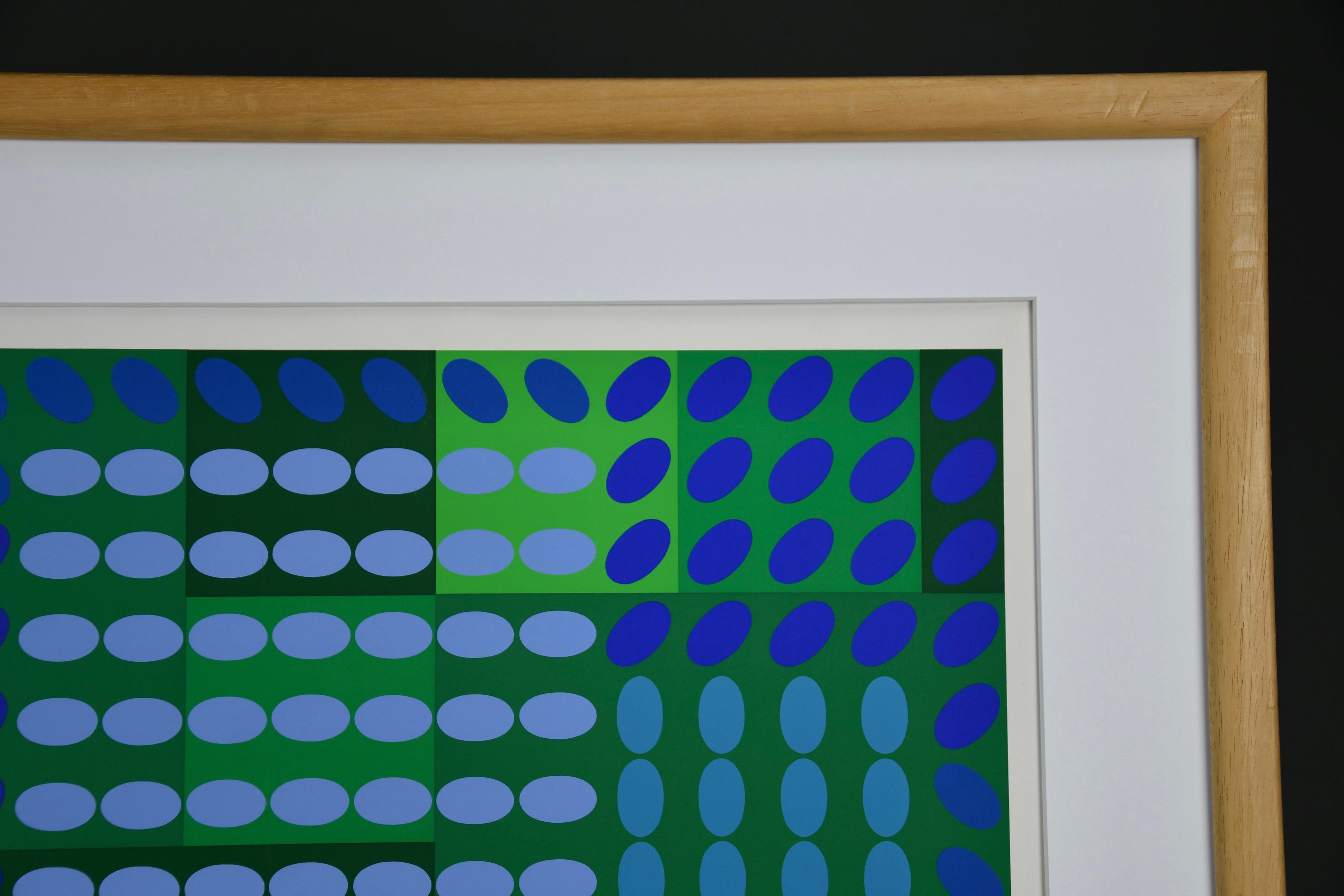 Victor Vasarely signiert Op Art Komposition in Blau und Grün im Angebot 1