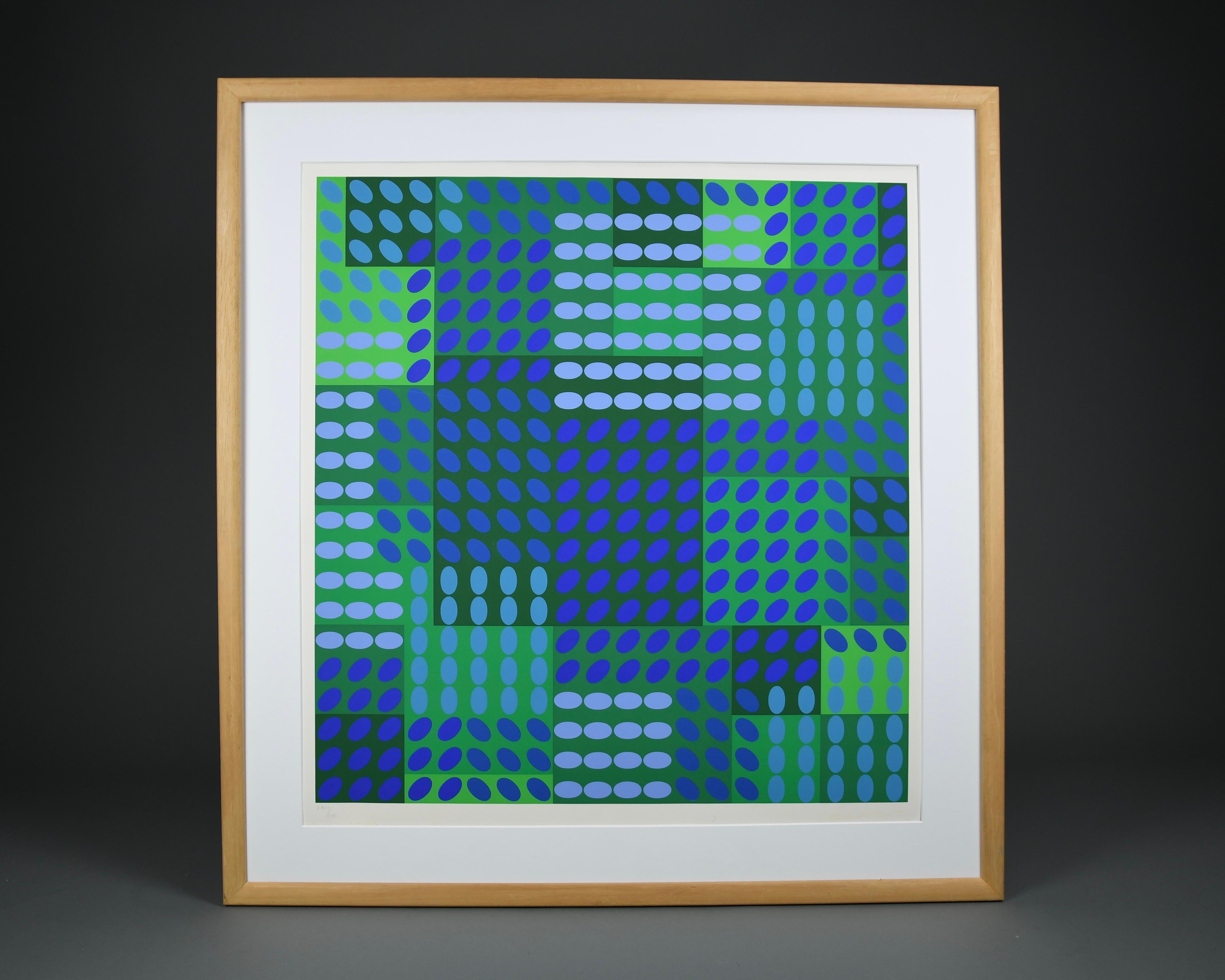 Victor Vasarely signiert Op Art Komposition in Blau und Grün im Angebot 2