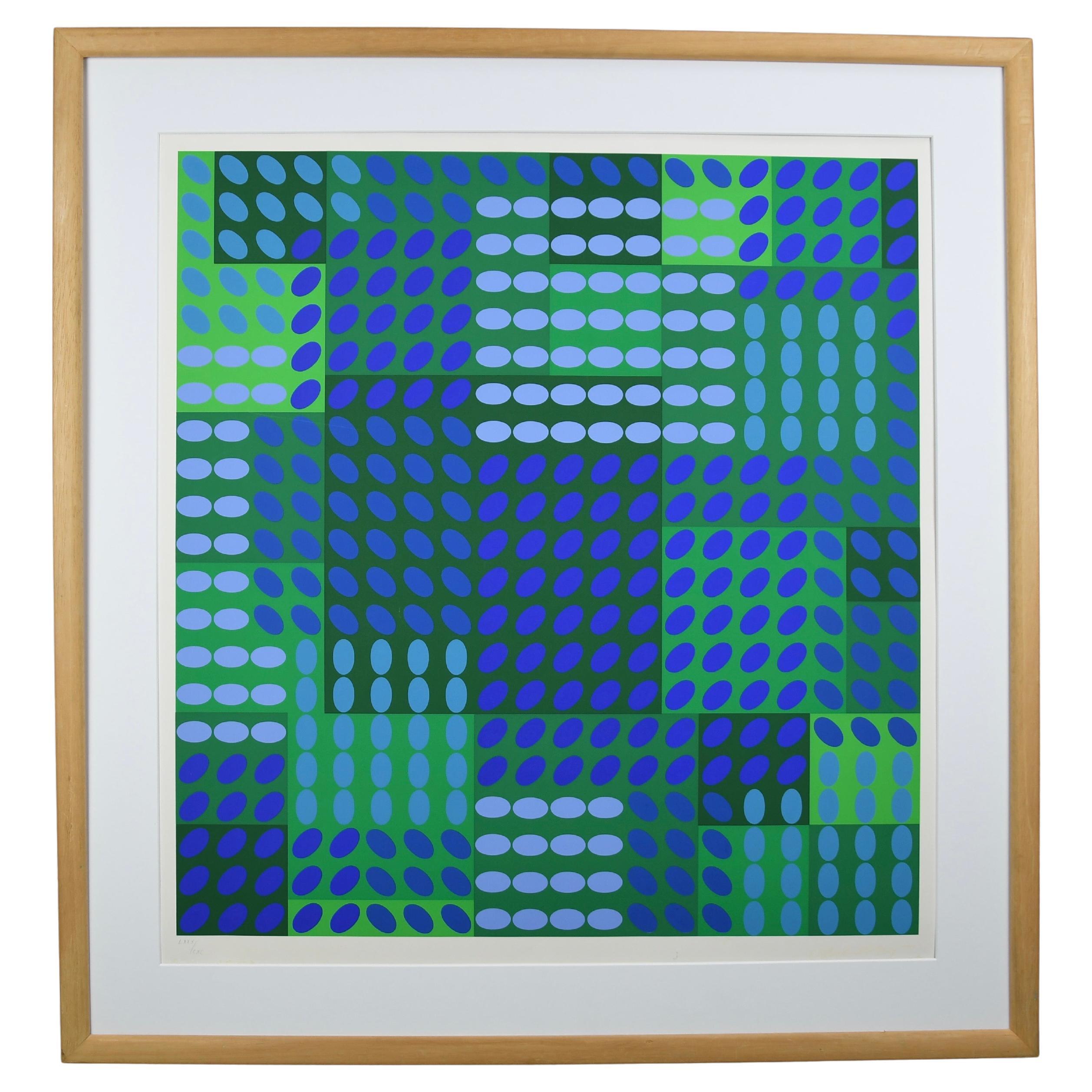 Victor Vasarely signiert Op Art Komposition in Blau und Grün im Angebot