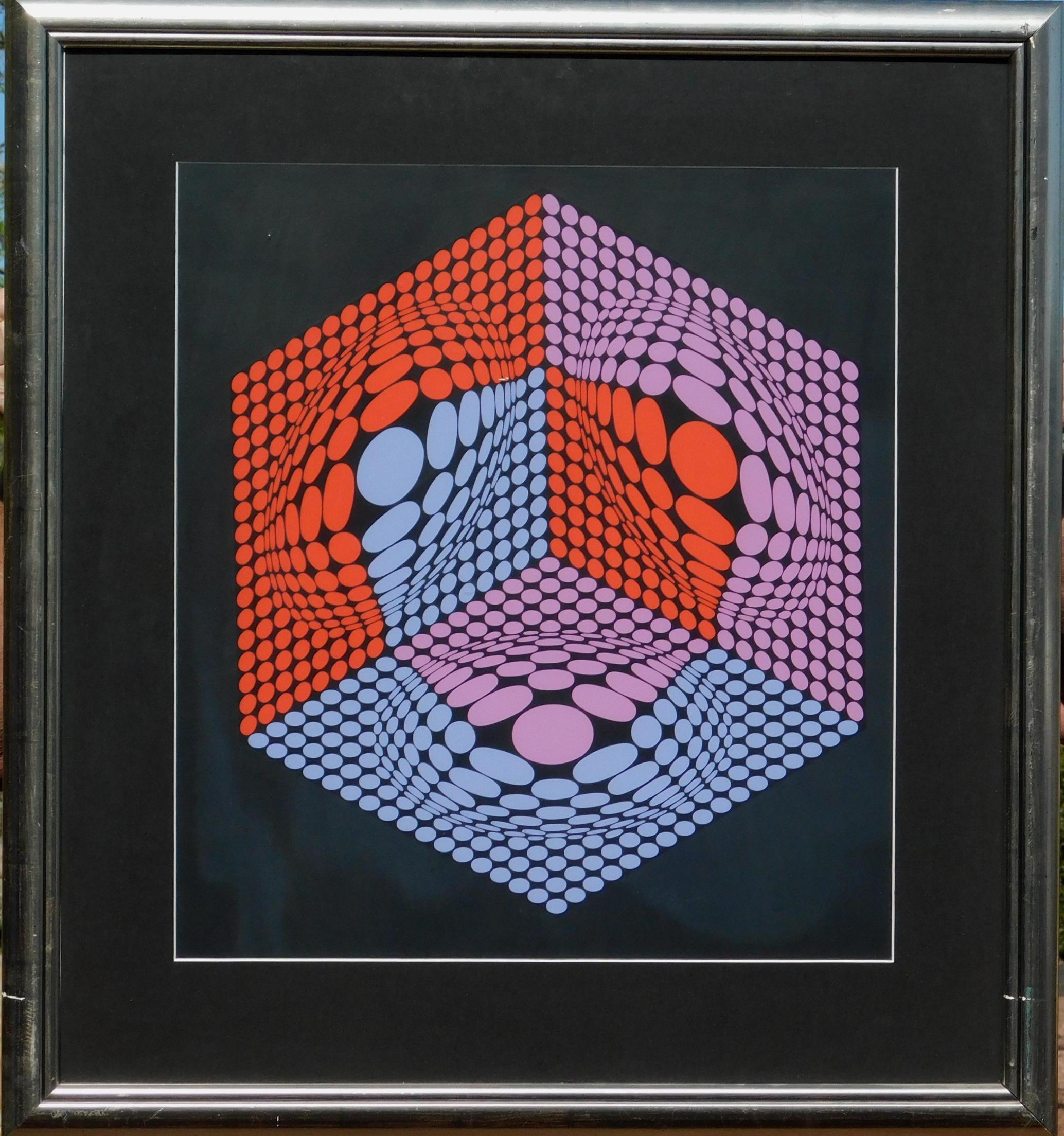 Wonderful serigraph in color on black light cardboard, created circa 1970's.
By French/Hungarian artist Victor Vasarely, considered the father of Op Art.
This work is in excellent condition, archivally matted and beautifully framed.
The image is