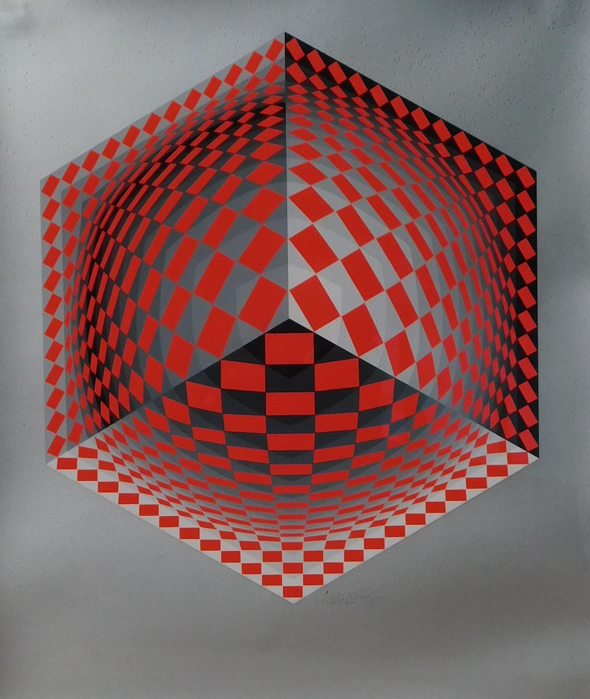 Bold geometric op art original serigraph with red check design on silver wove paper 
by Victor Vasarely (Hungarian-French, 1906-1997). 
Edition limited to 250 plus 30 AP’s printed in 15 colors on Arches paper, 1981. 
Hand Signed by the artist