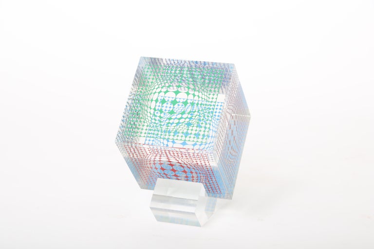 French Victor Vasarely Silkscreened Acrylic Cube Sculpture