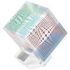 Victor Vasarely Silkscreened Acrylic Cube Sculpture