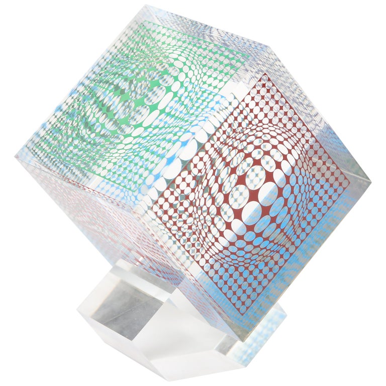 Victor Vasarely Silkscreened Acrylic Cube Sculpture