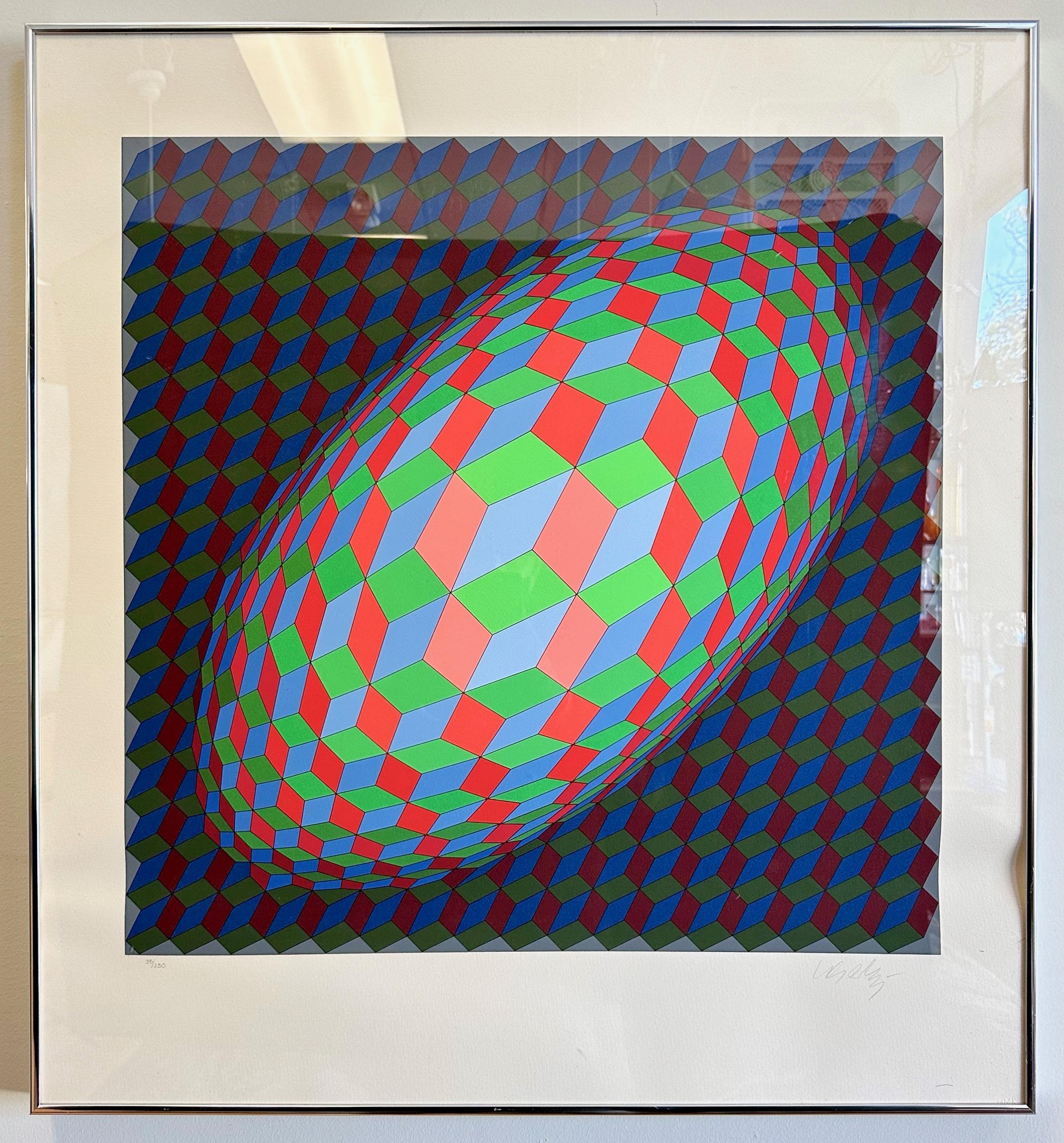 A 1970s framed Victor Vasarely limited edition Op art serigraph titled “Torony III”, signed and numbered 35/250.

Three-dimensional ovoid shape comprised of warped fluorescent red, green, and blue stepped blocks of varied brightness that call to