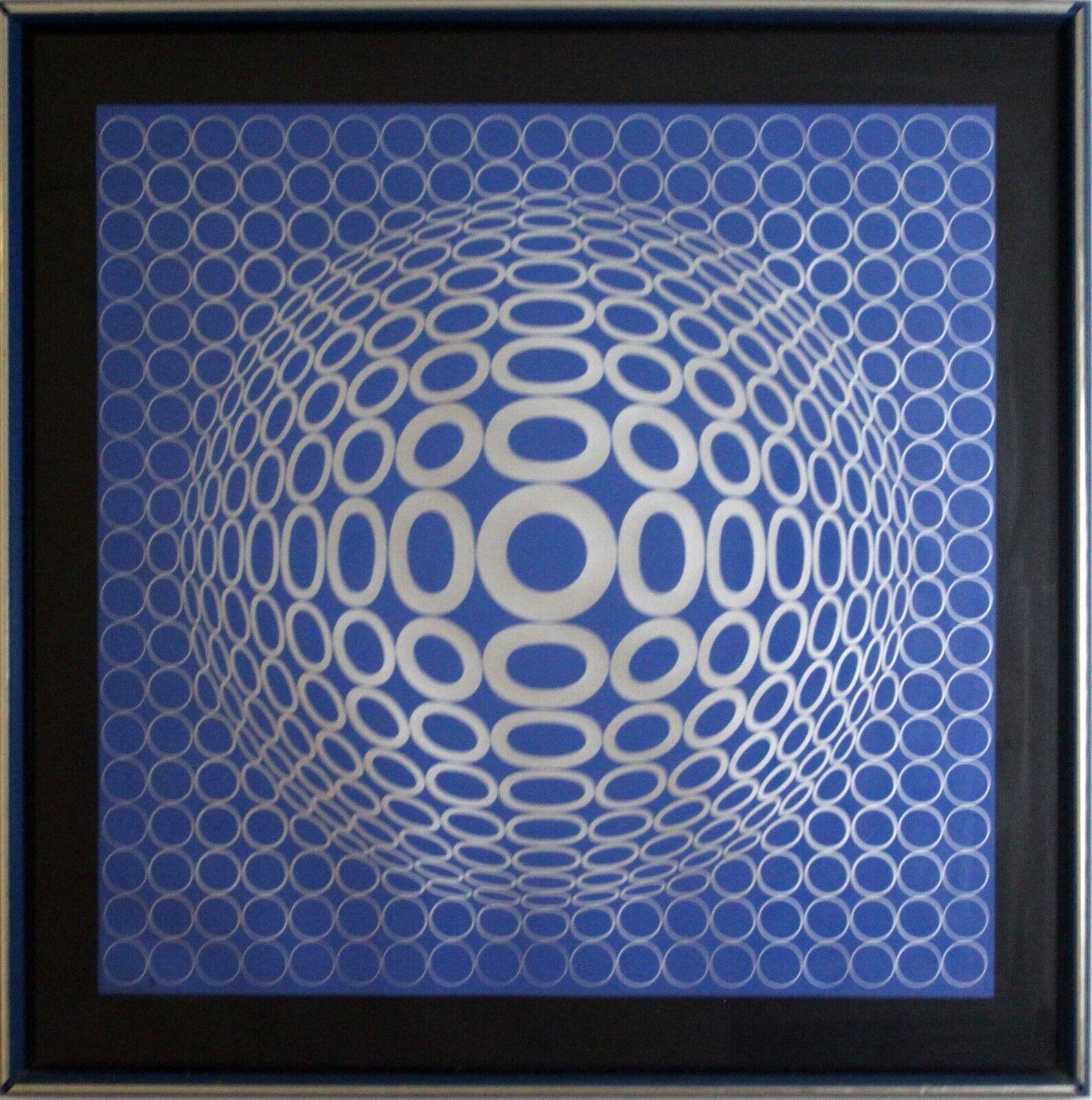 Striking blue and silver Op Art Lithograph by Victor Vasarely titled 